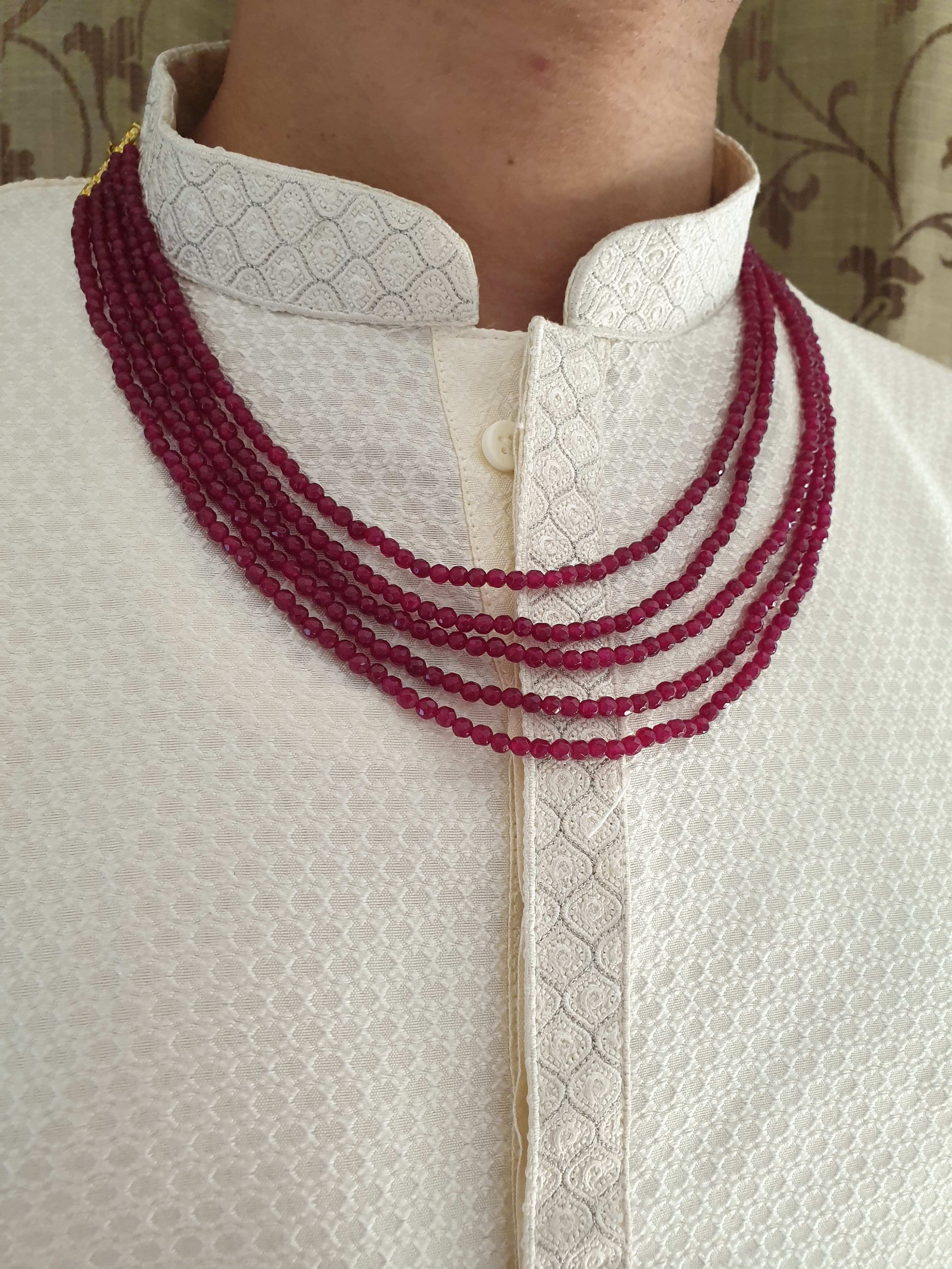 Five Layered Maroon Round Stone Groom Necklace