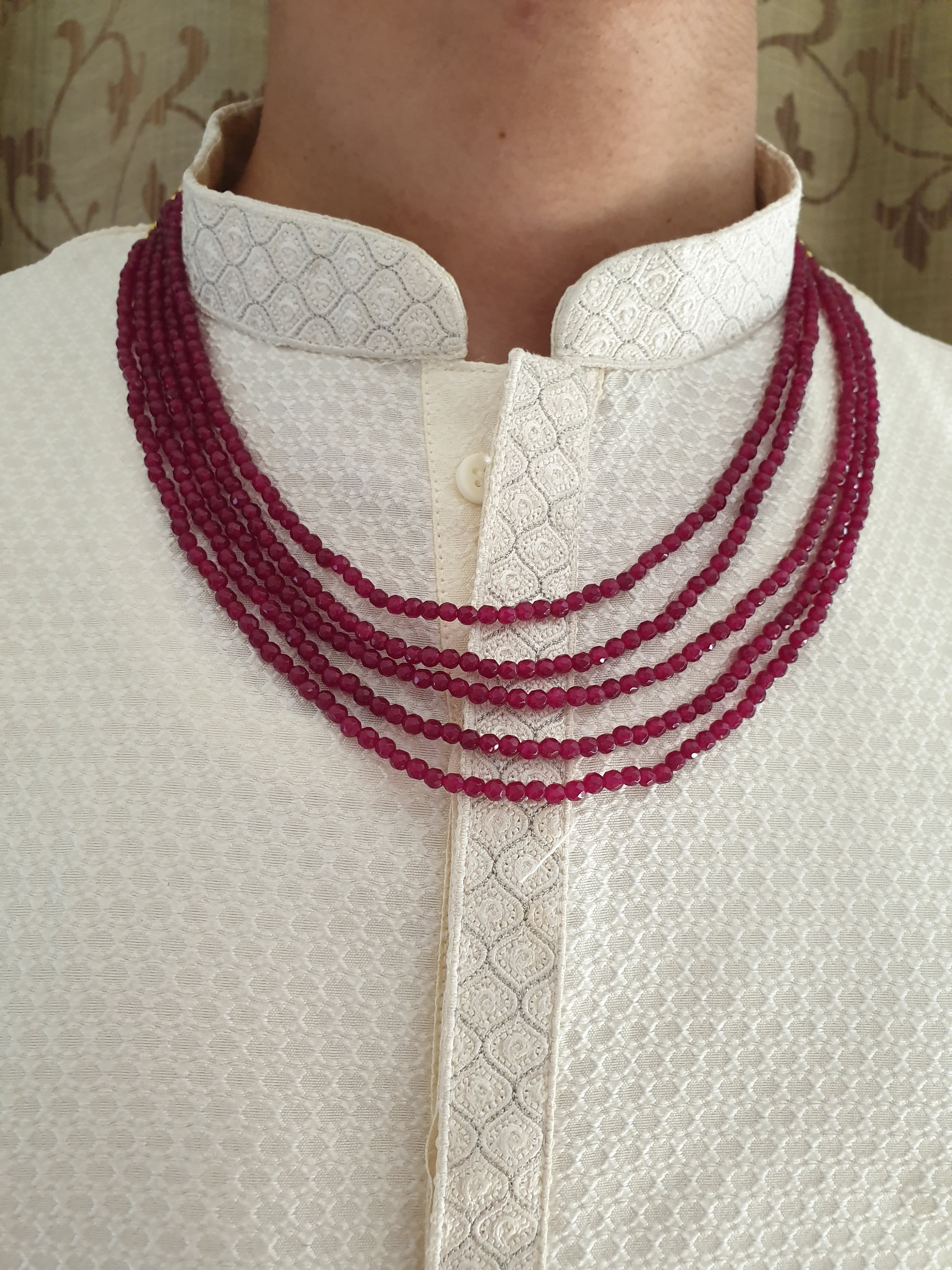 Five Layered Maroon Round Stone Groom Necklace