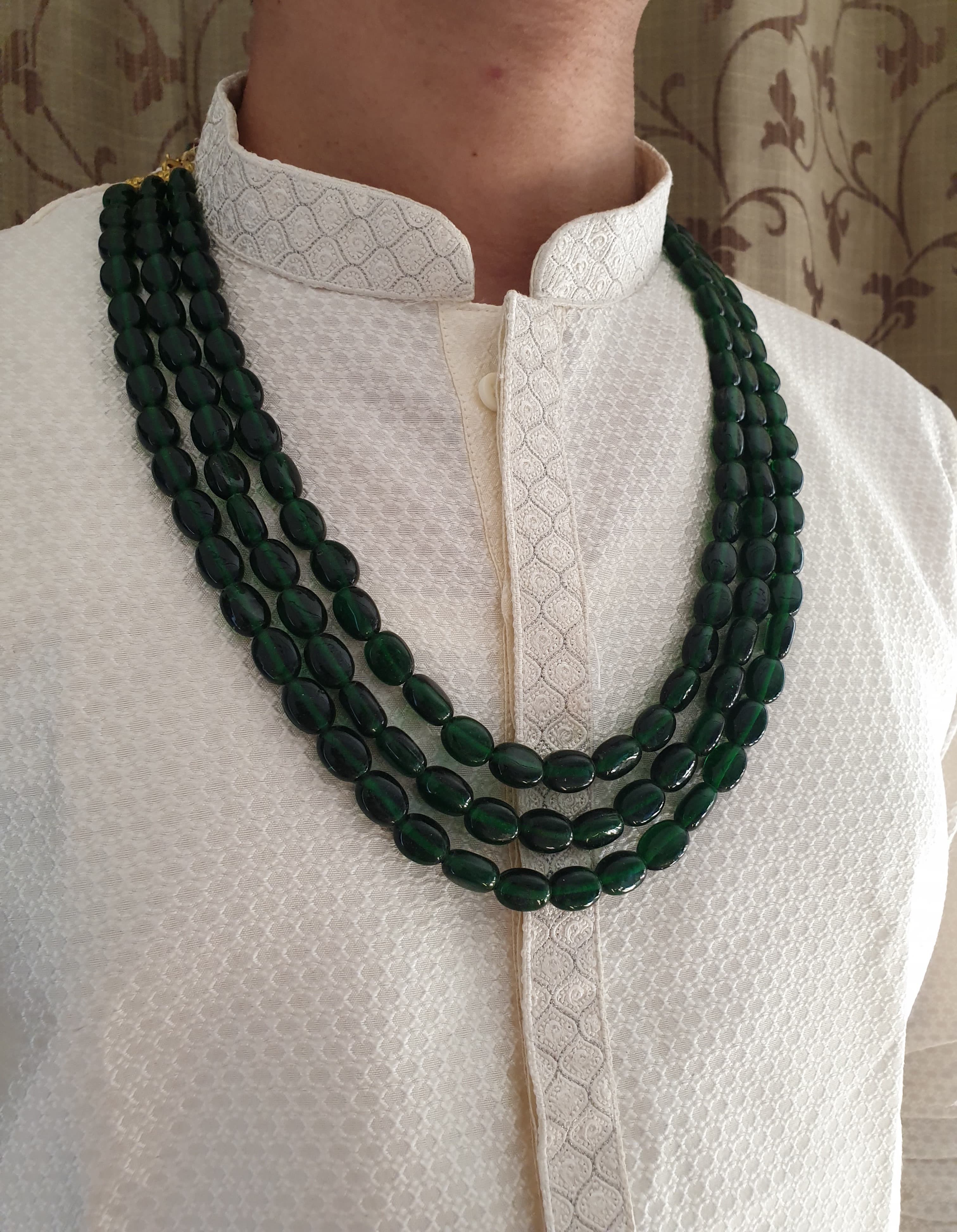 Three Layered Emerald Green Stone Beads Groom Necklace