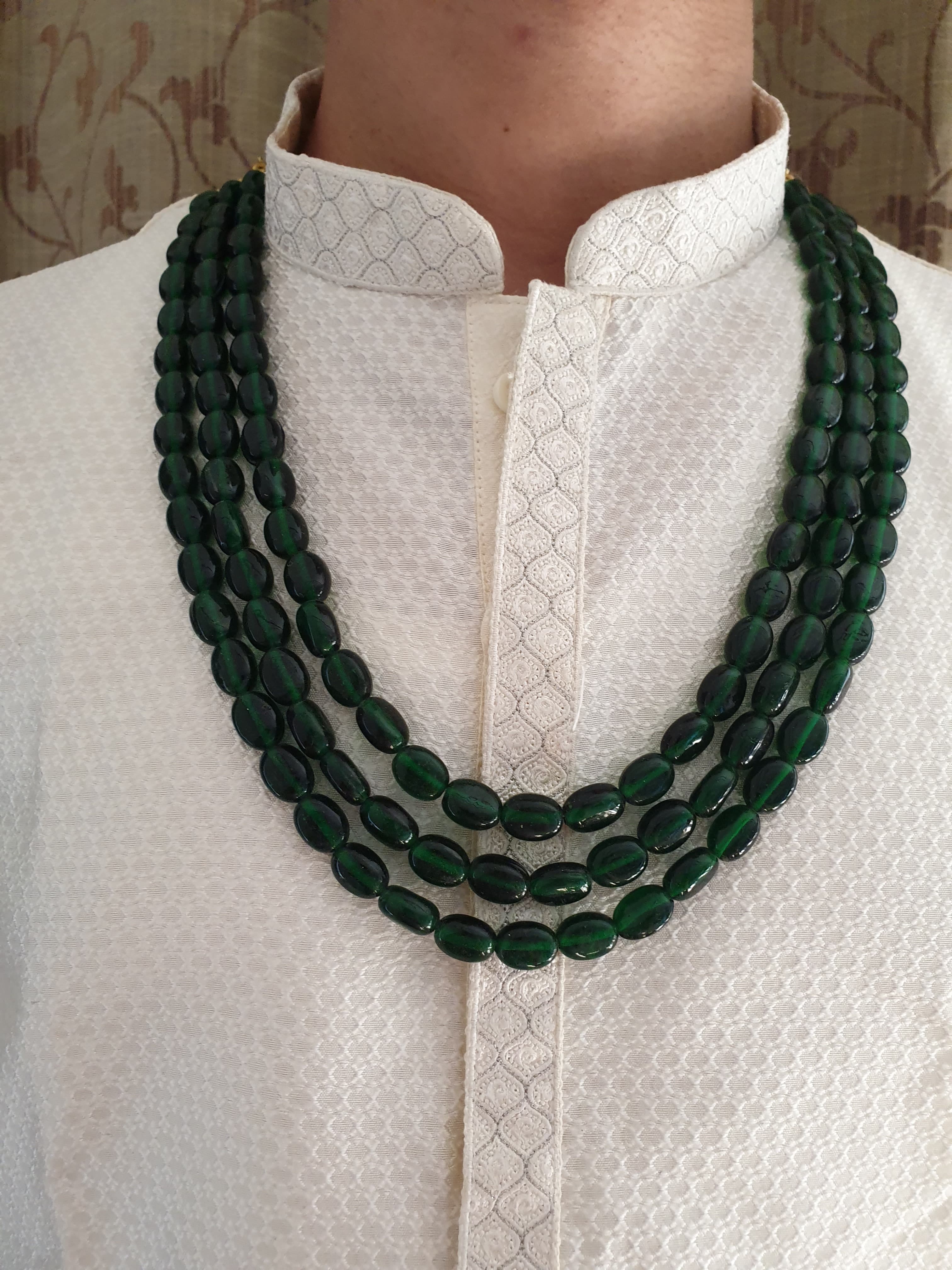 Three Layered Emerald Green Stone Beads Groom Necklace