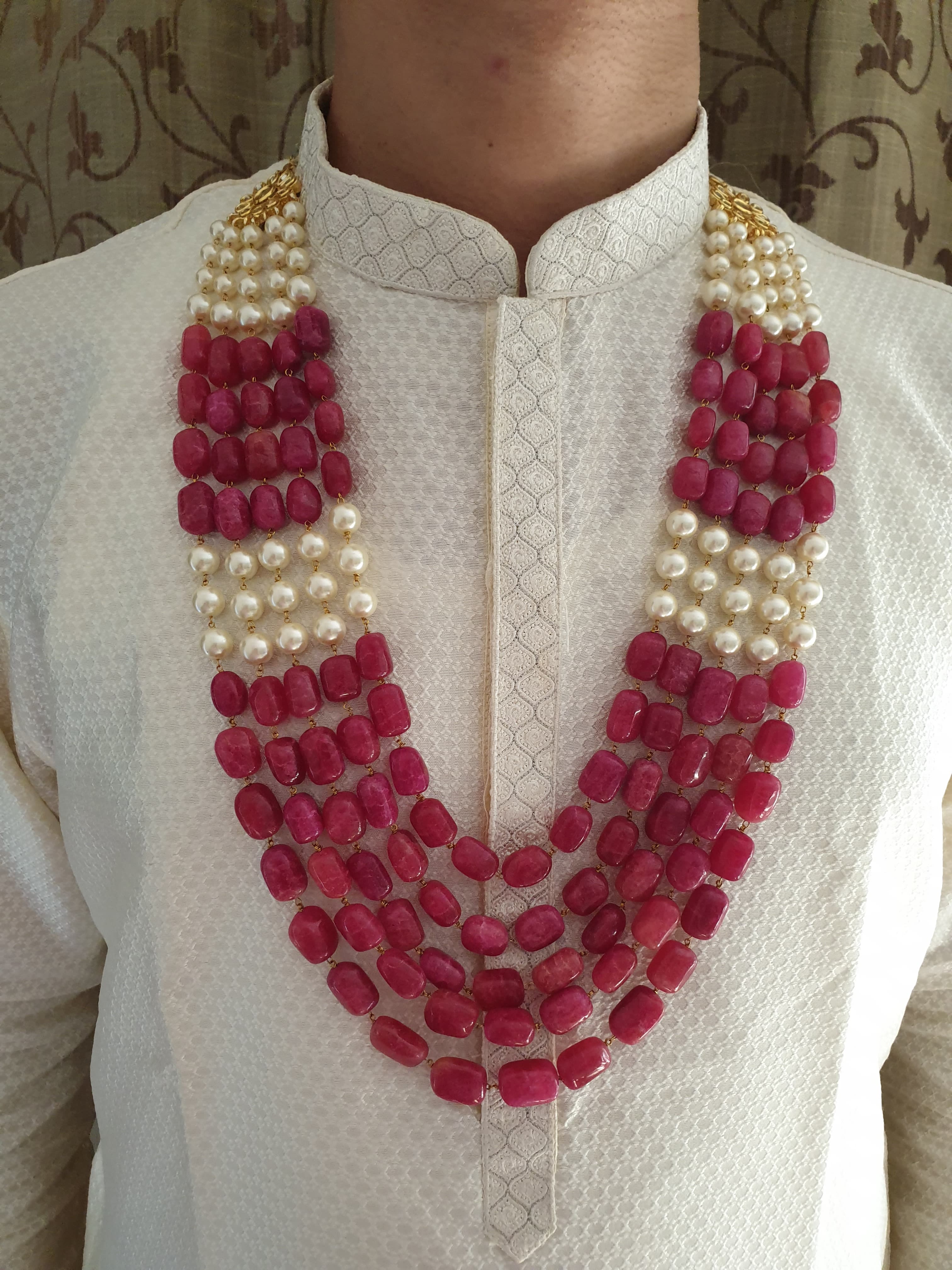 Five Layered Ruby Red and Pearl Groom Necklace