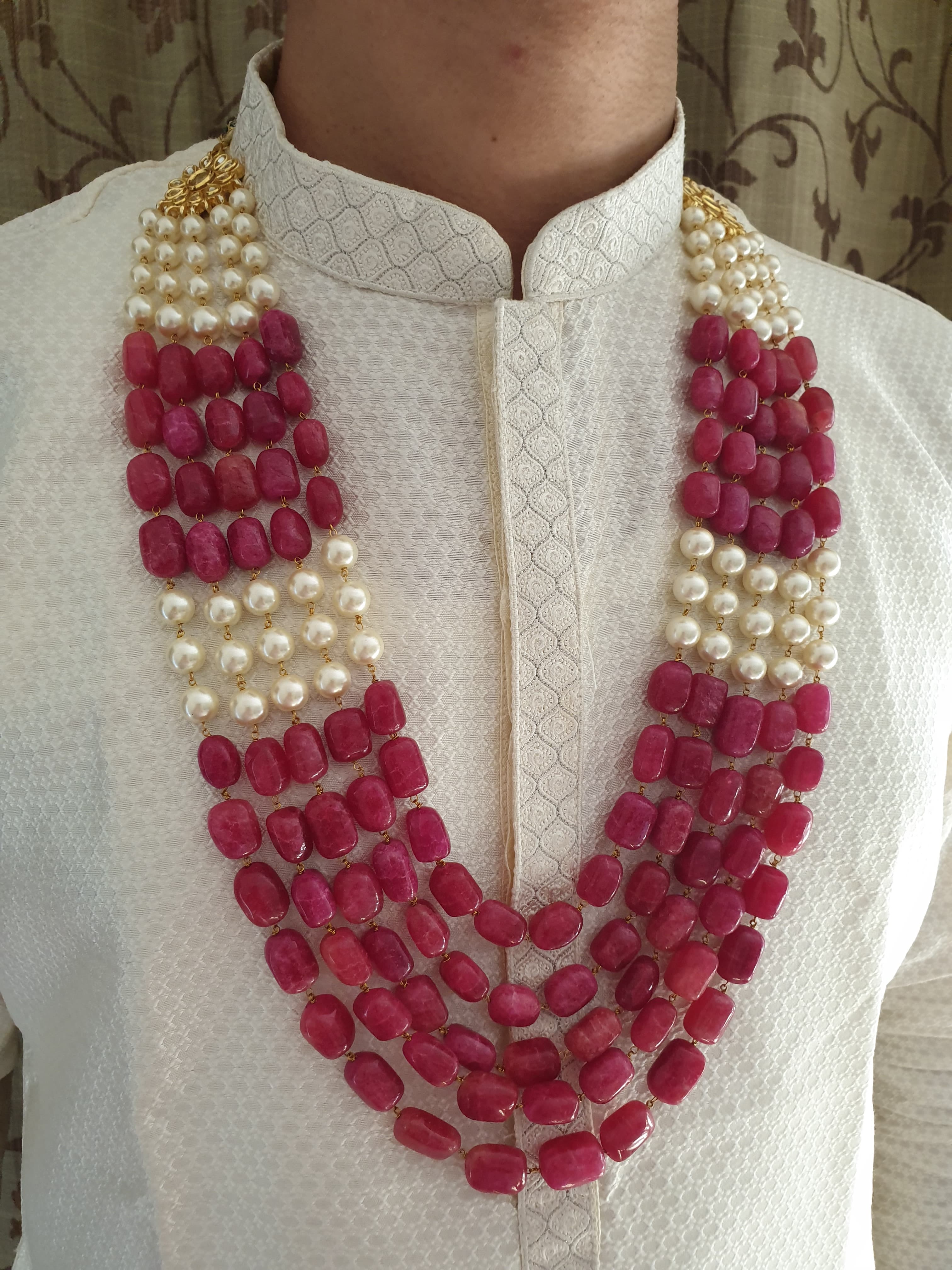 Five Layered Ruby Red and Pearl Groom Necklace