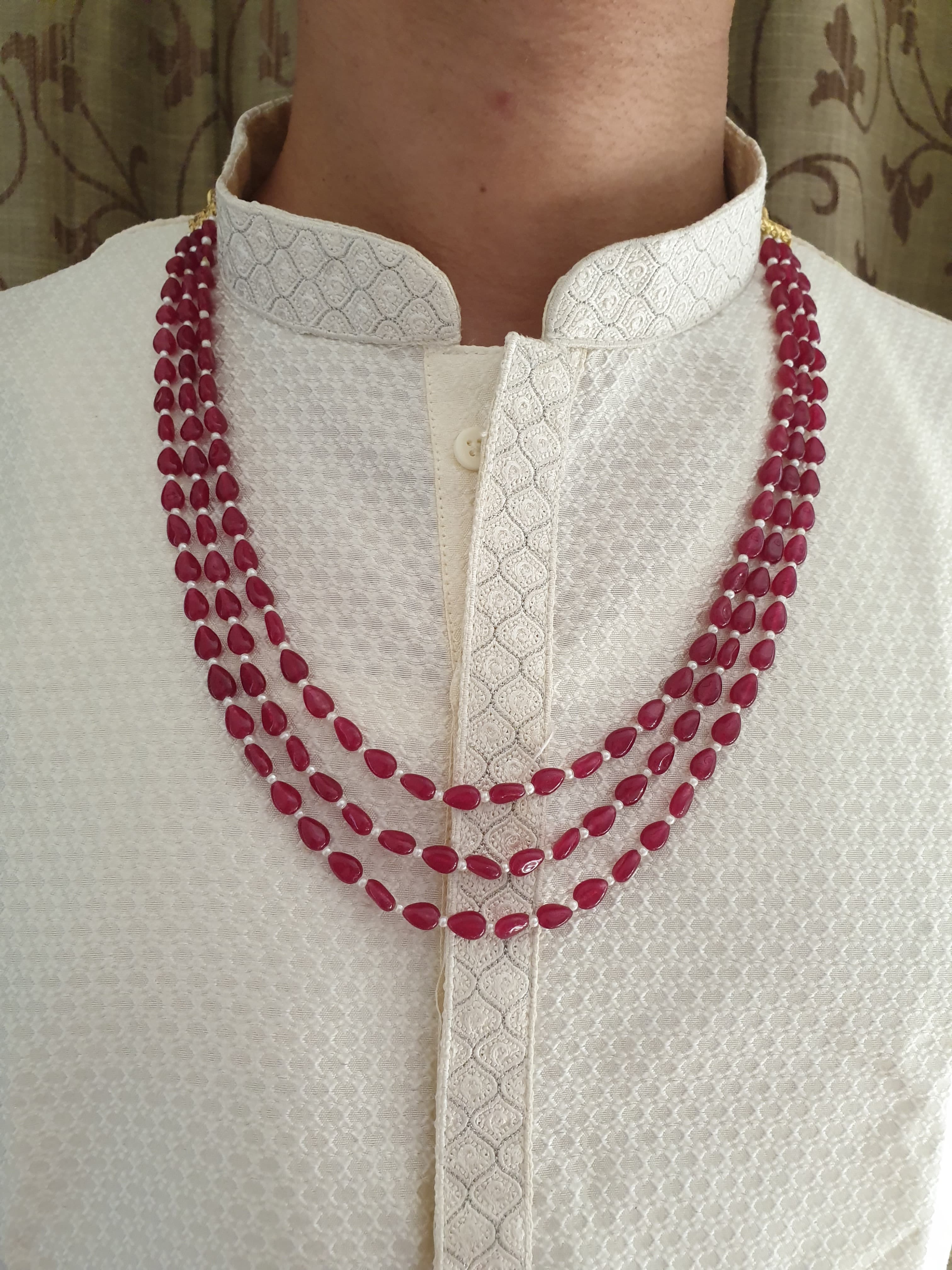 Three Layered Ruby Red Drop Beads Groom Necklace