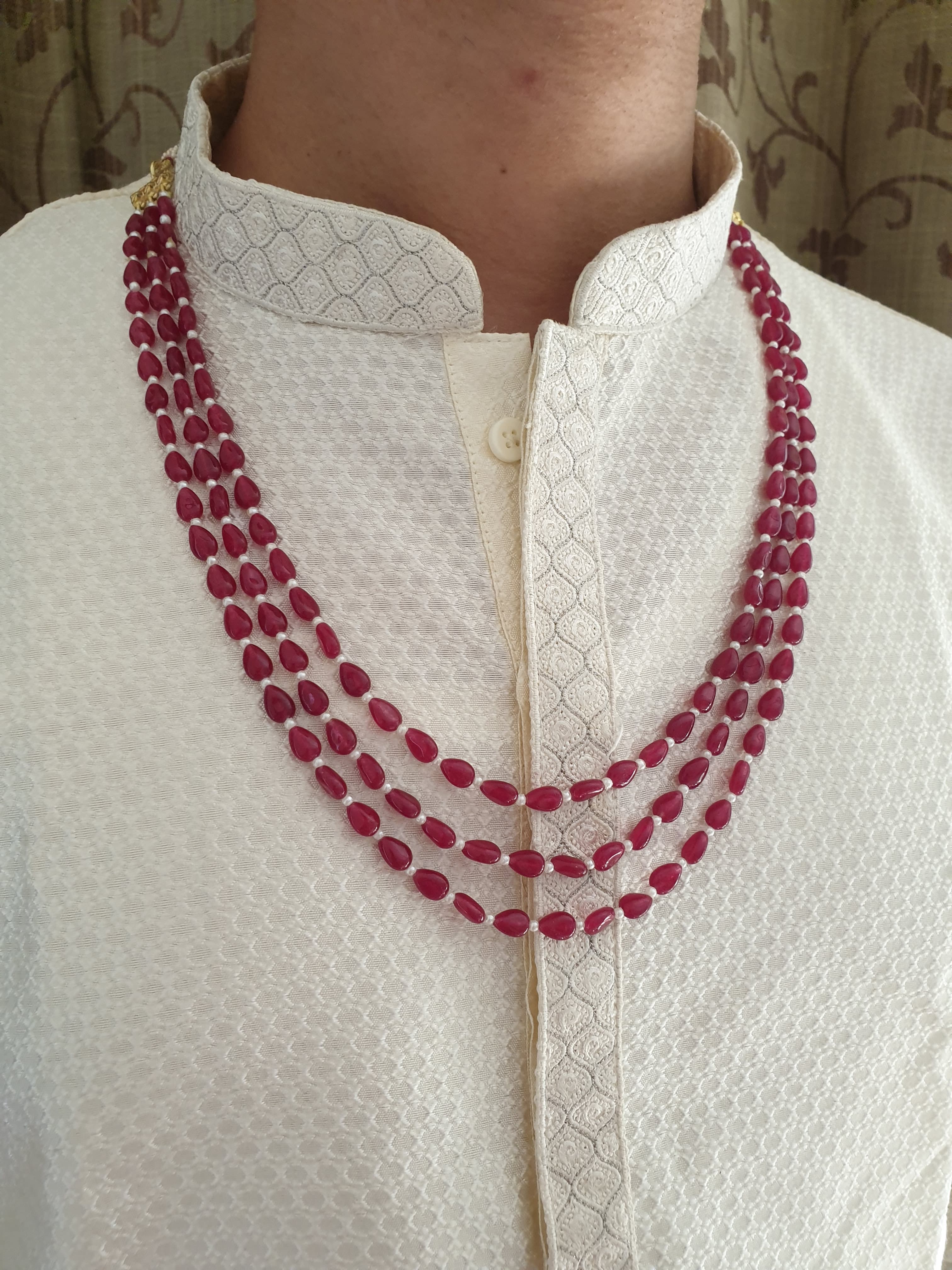 Three Layered Ruby Red Drop Beads Groom Necklace