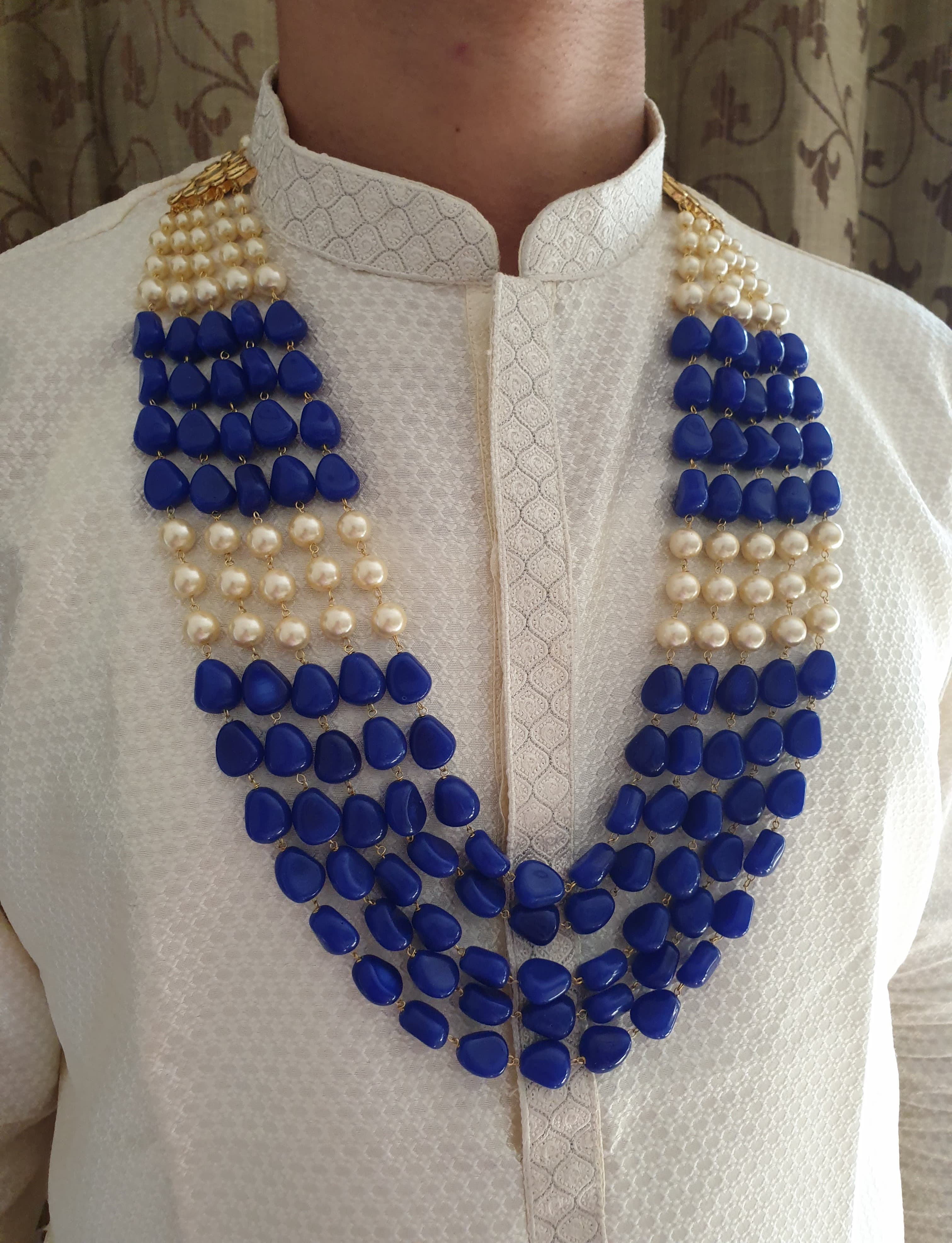 Blue Beaded Pearl Groom Sherwani Necklace