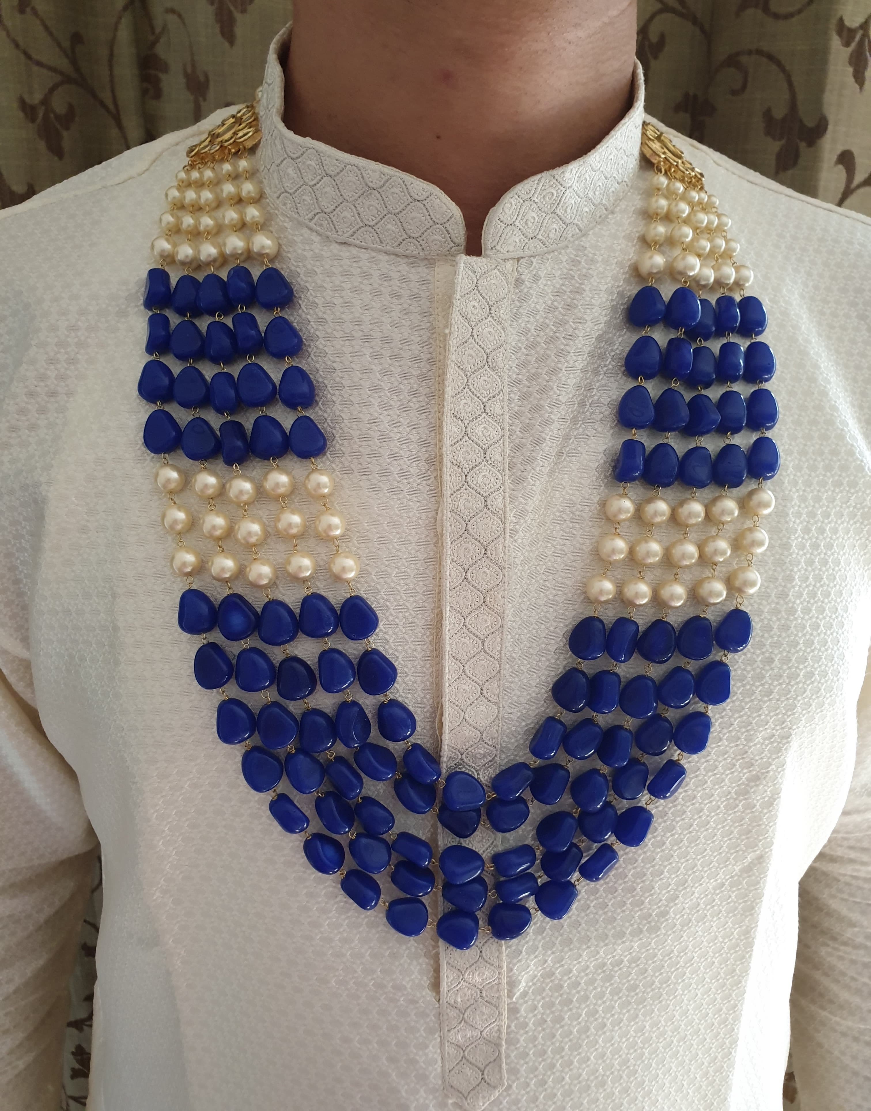 Five Layered Blue And Pearl Groom Necklace