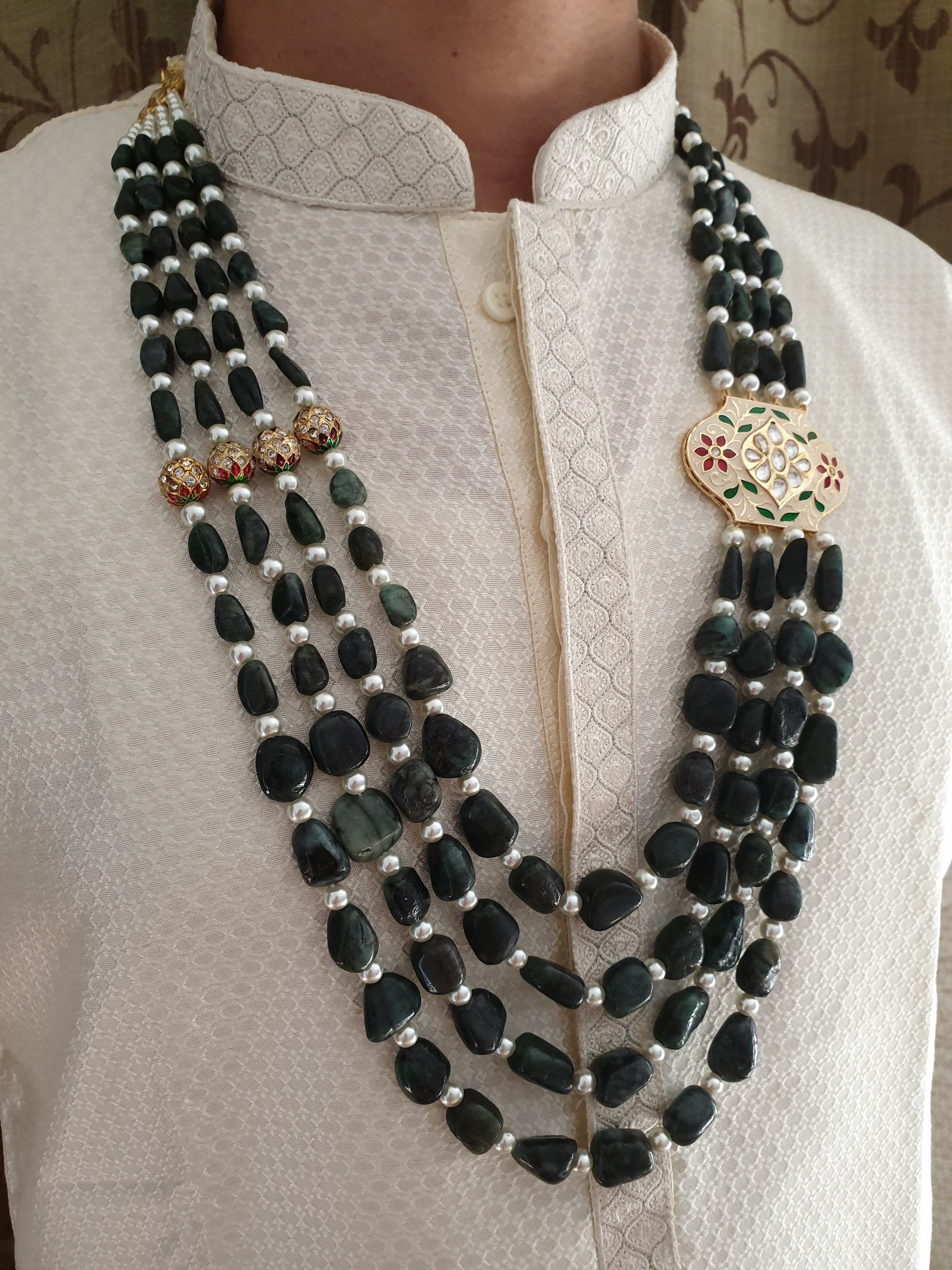 Real Emerald Beads And Jadau Meenakari Long Groom Necklace