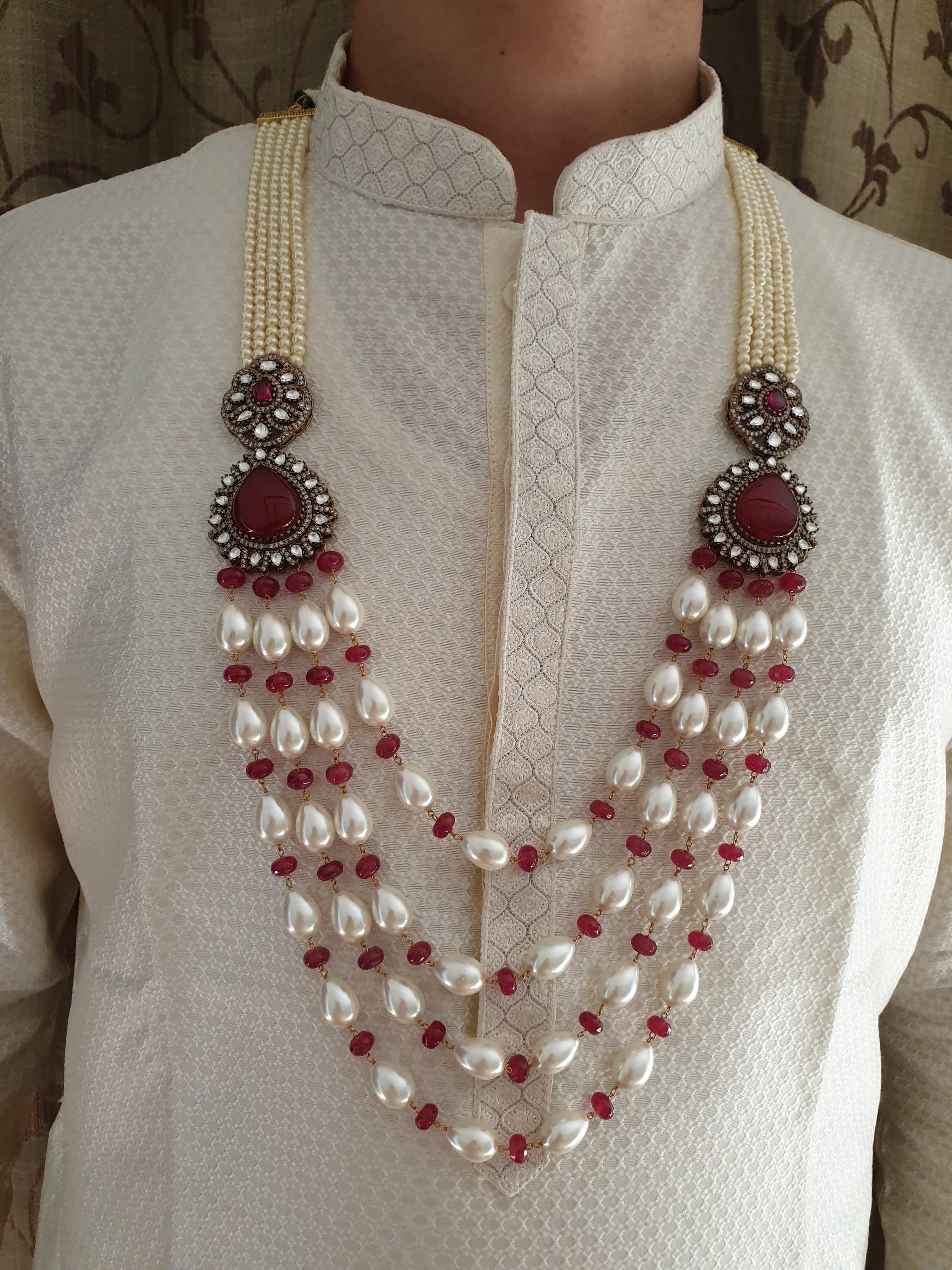 Pearl Beaded Groom Necklace With Ruby Stone Brooch