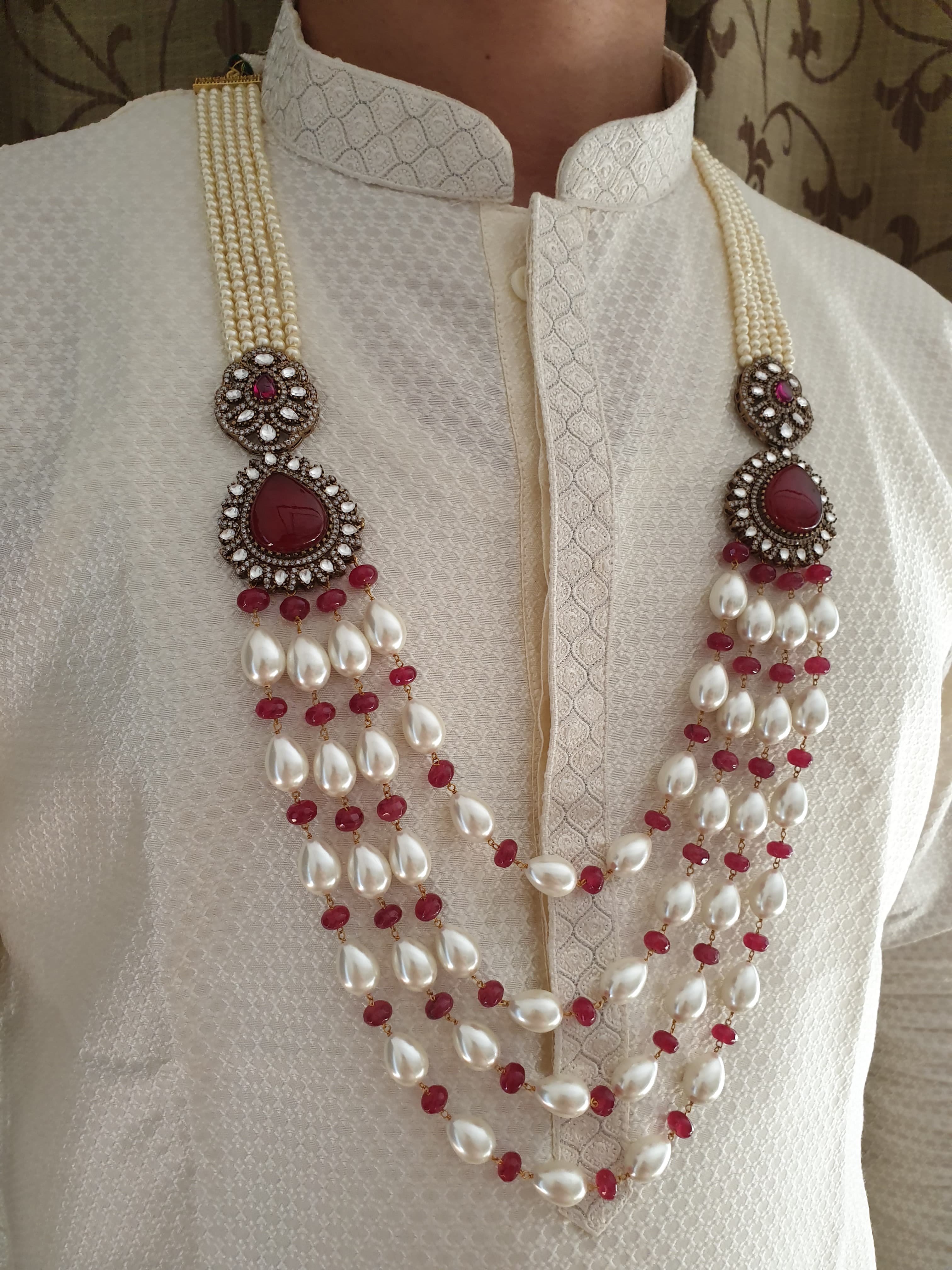 Pearl Beaded Groom Necklace With Ruby Stone Brooch