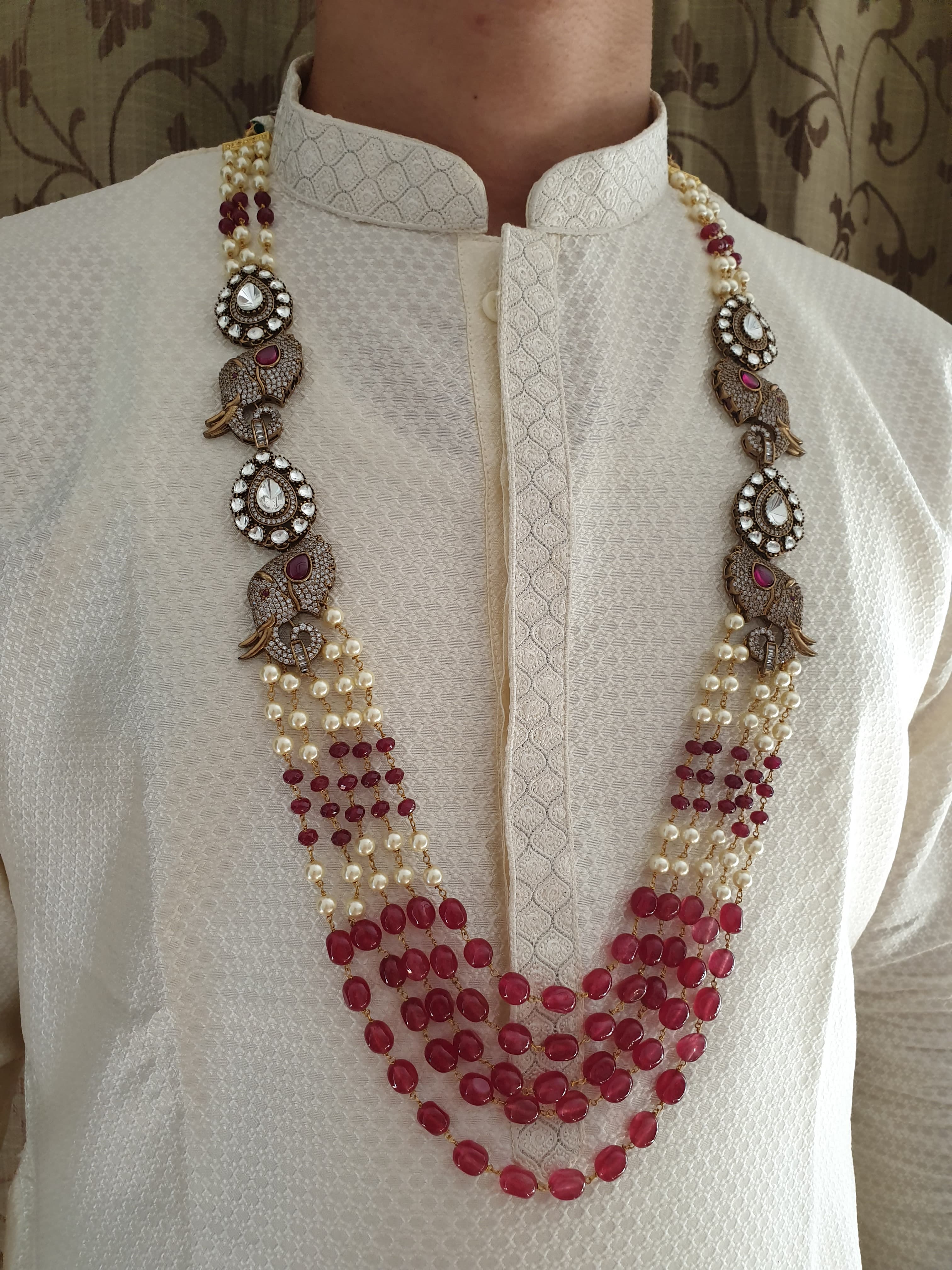 Ruby Stone And Pearl Beaded Groom Necklace with AD Kundan Elephant Brooch