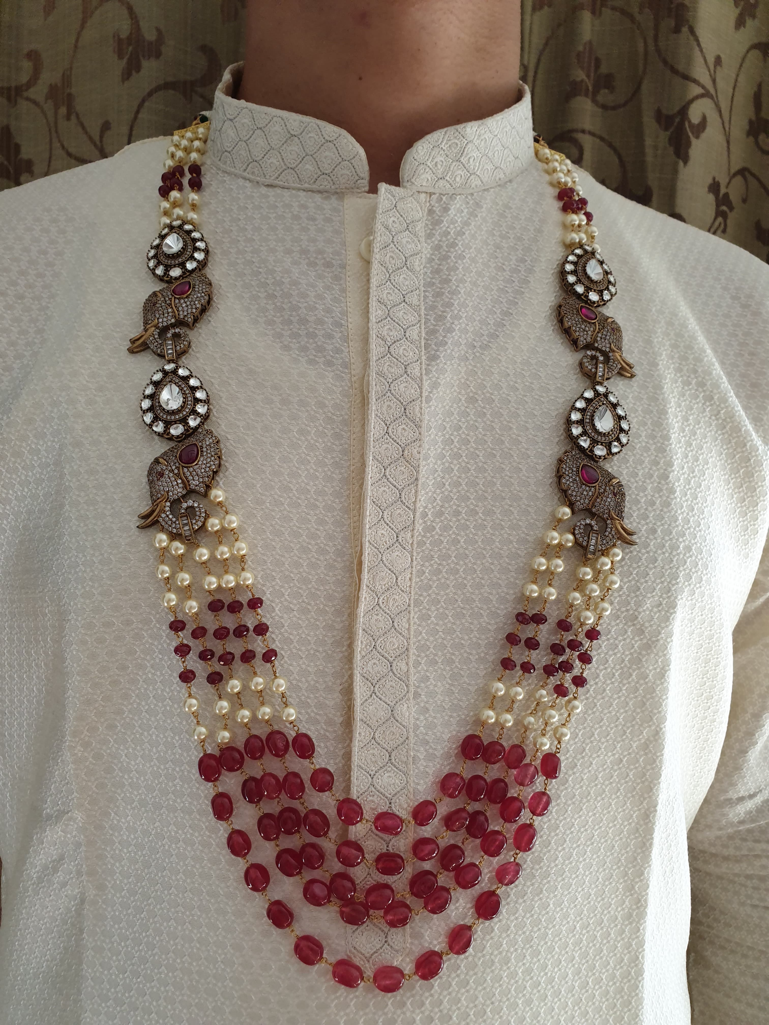 Ruby Stone And Pearl Beaded Groom Necklace with AD Kundan Elephant Brooch