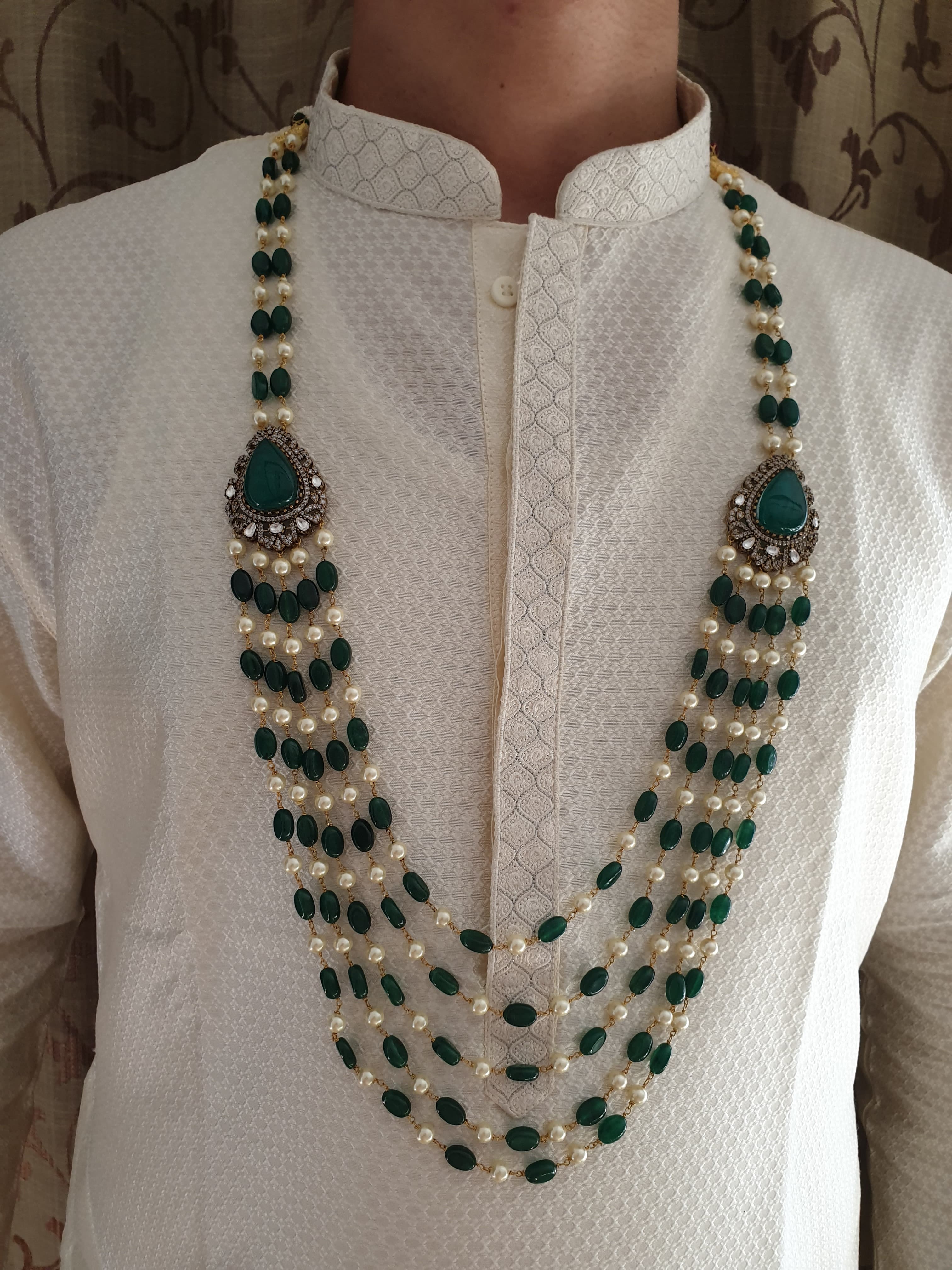 Emerald Green Color Stone And Pearl Beaded Groom Necklace