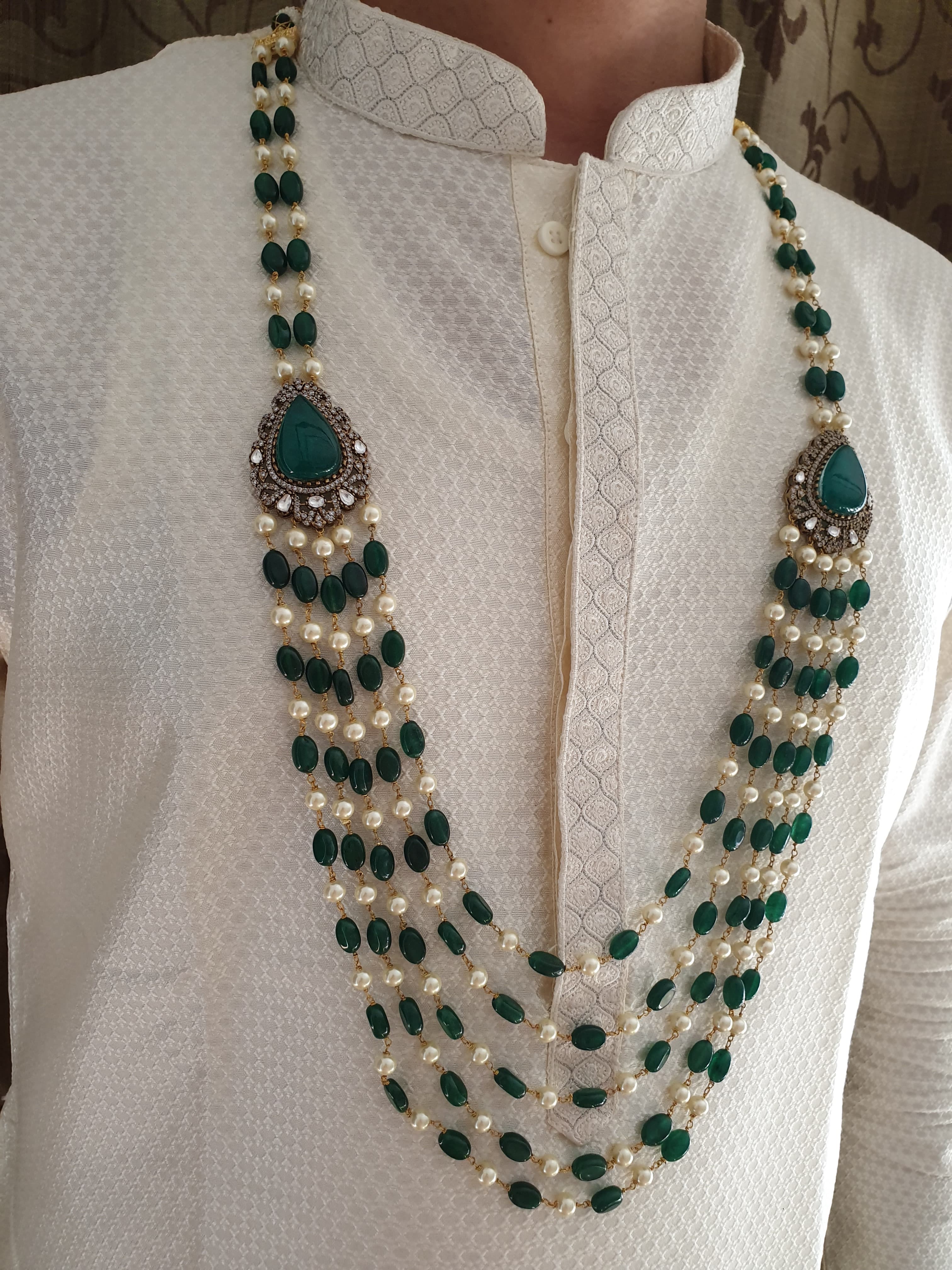 Emerald Green Color Stone And Pearl Beaded Groom Necklace