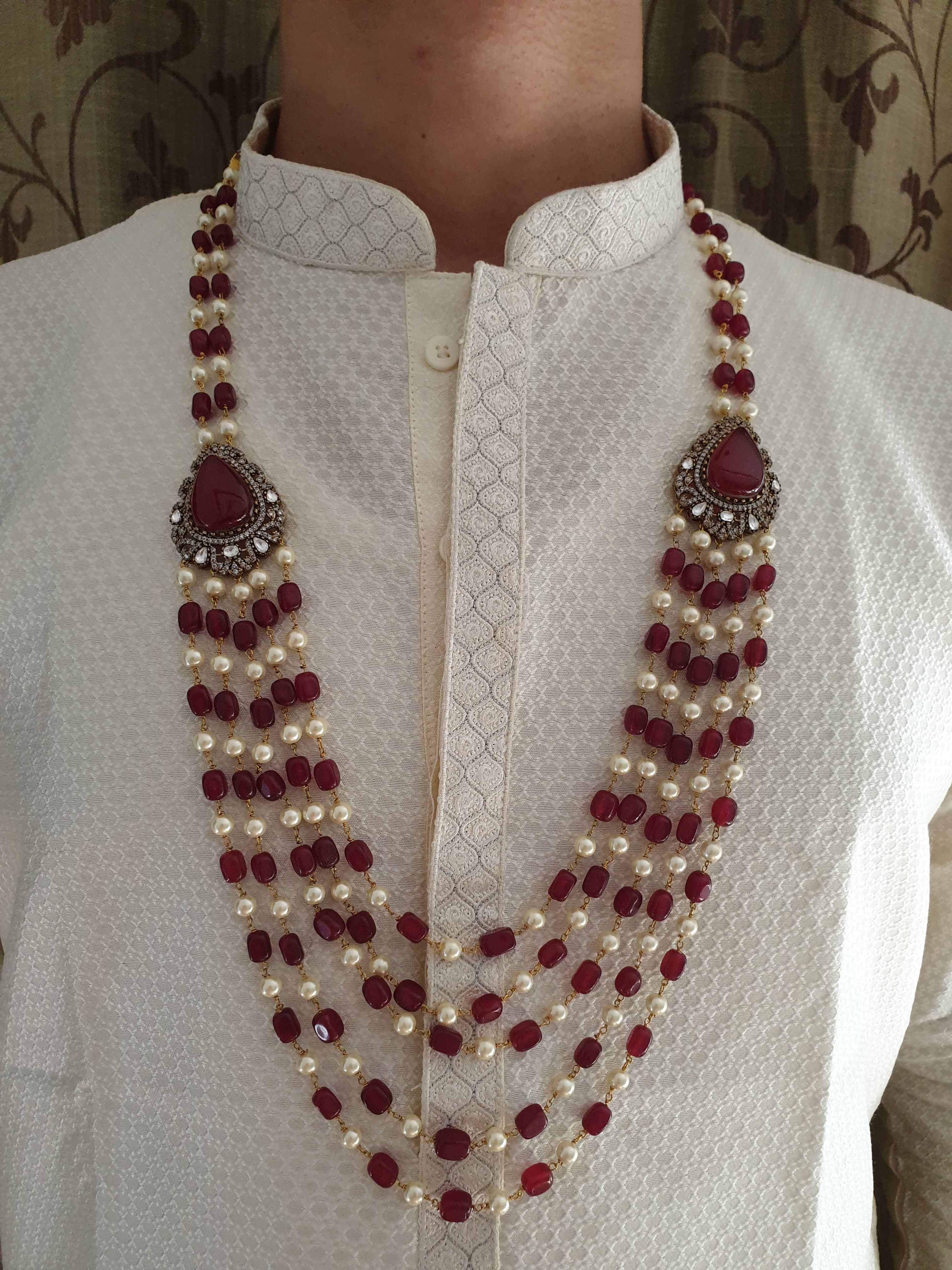 Pearl And Ruby Color Beaded Groom Necklace