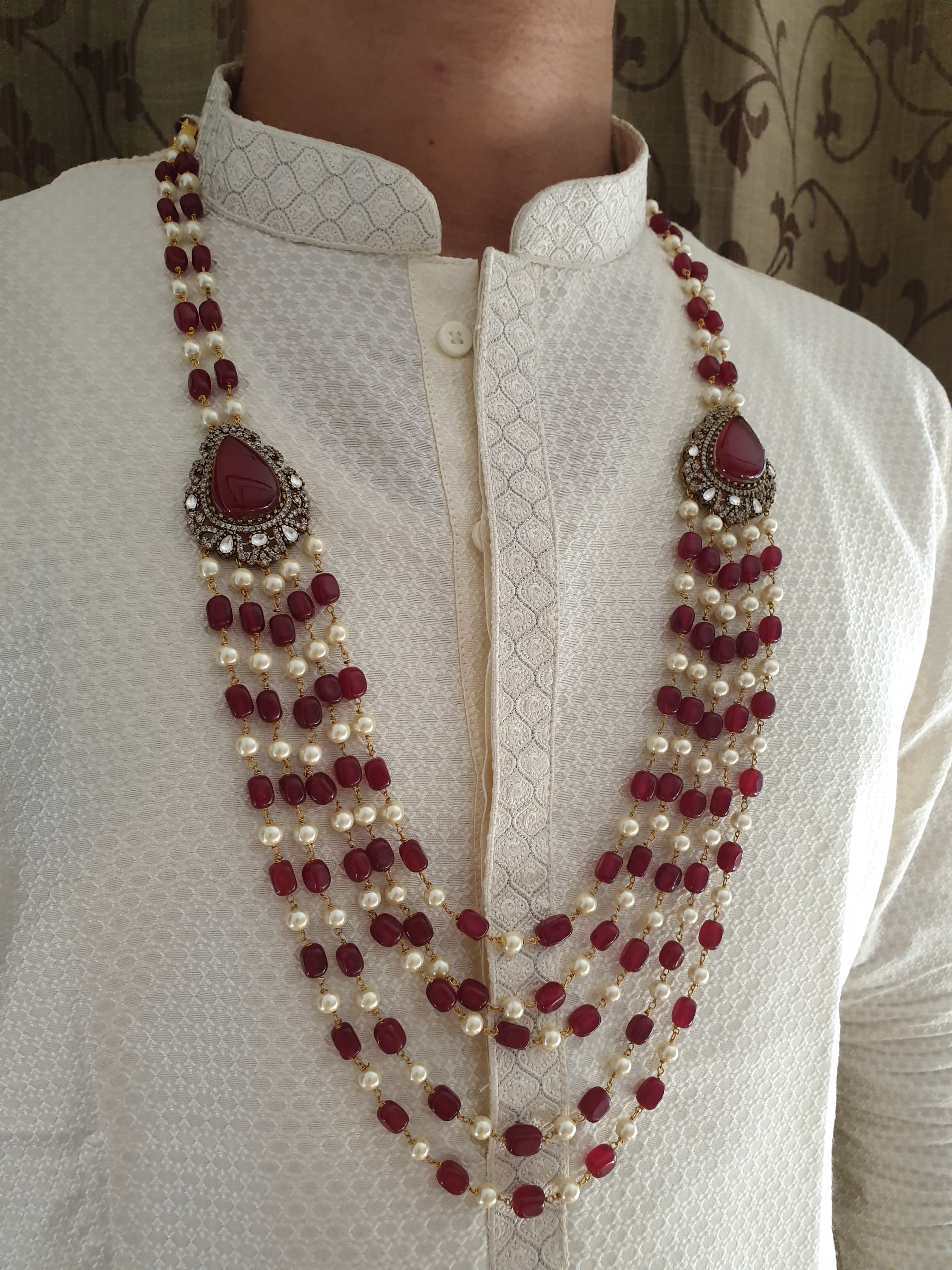 Pearl And Ruby Color Beaded Groom Necklace