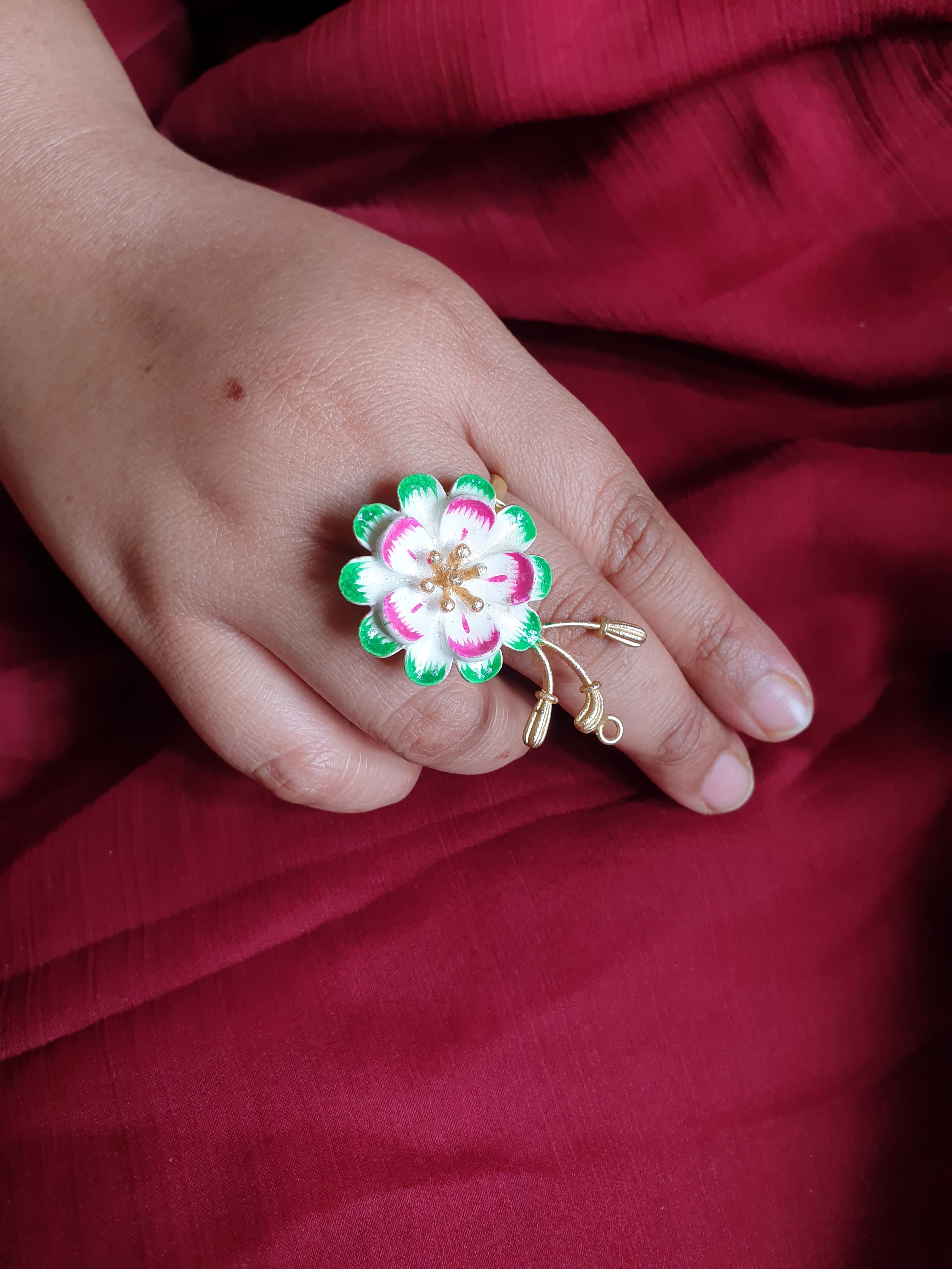 Floral Green & Pink Meenakari Adjustable Ring