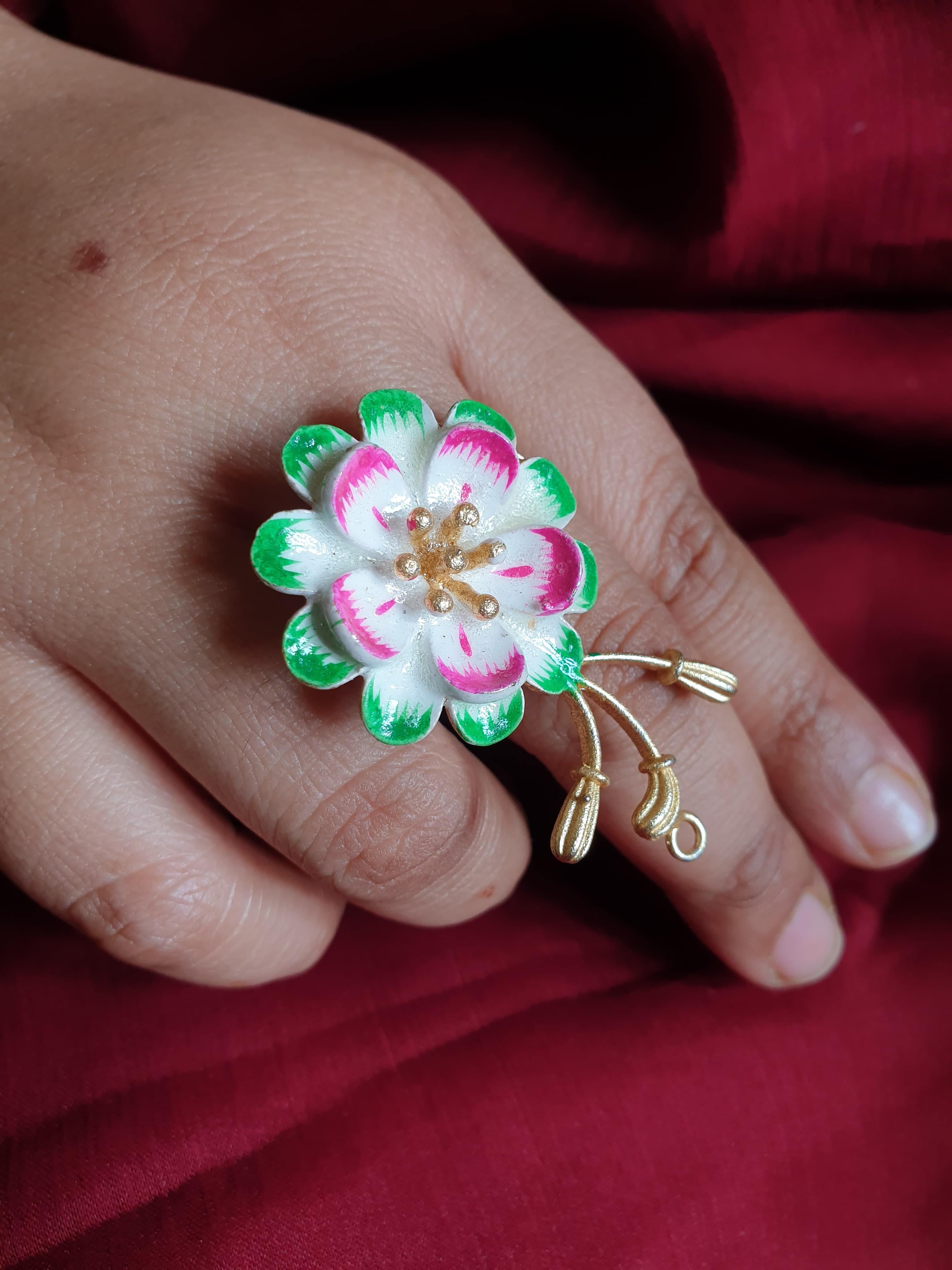 Floral Green & Pink Meenakari Adjustable Ring