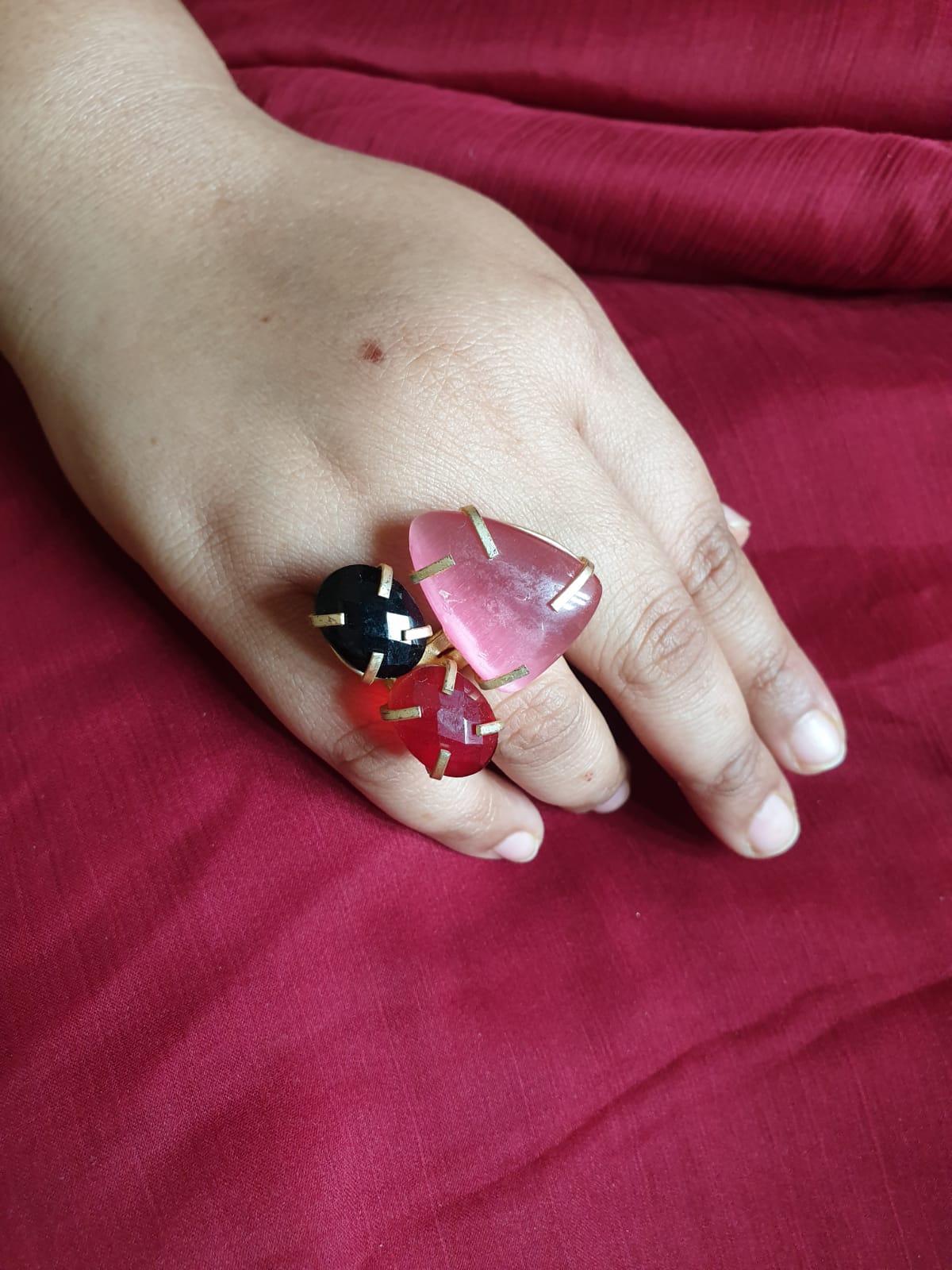 Pink Black Red Stone Adjustable Ring