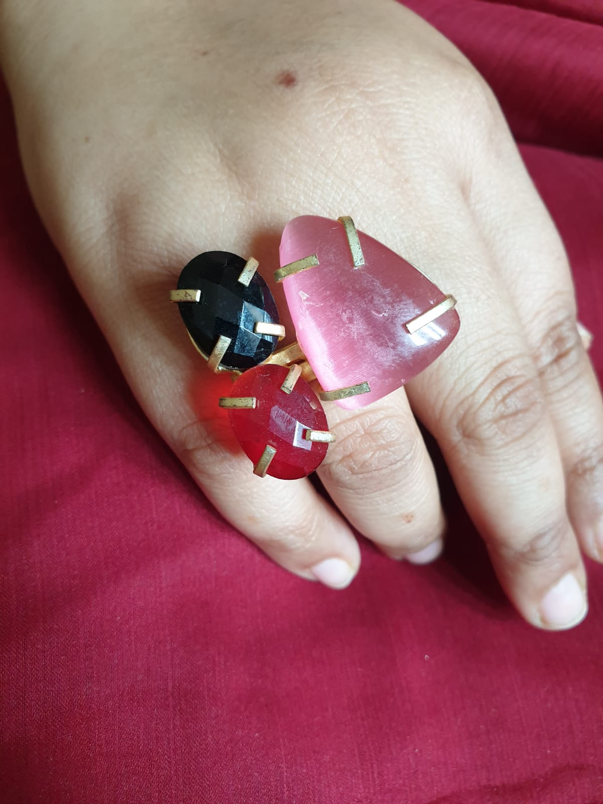 Pink Black Red Stone Adjustable Ring