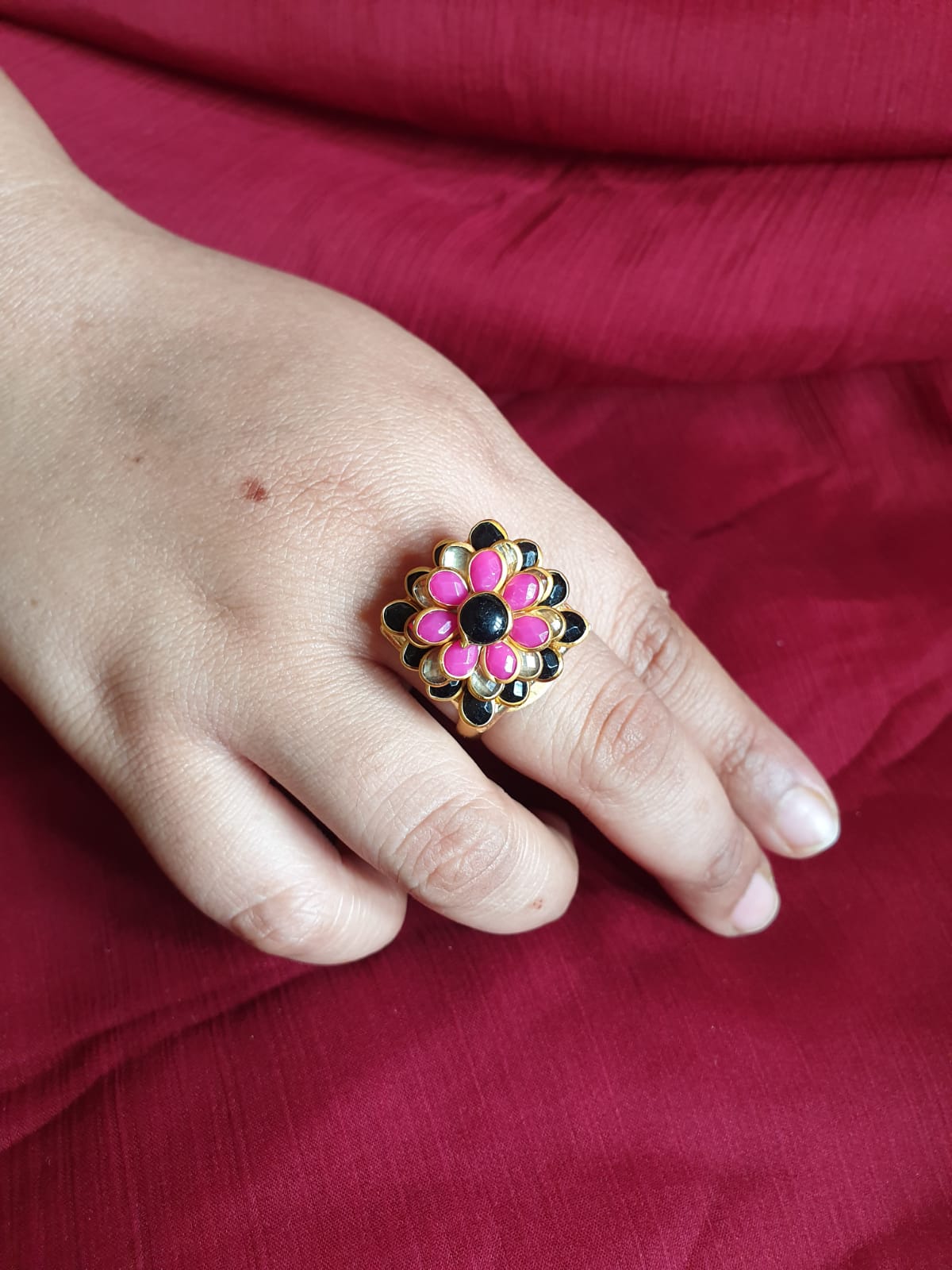 Floral Pink Black Adjustable Ring