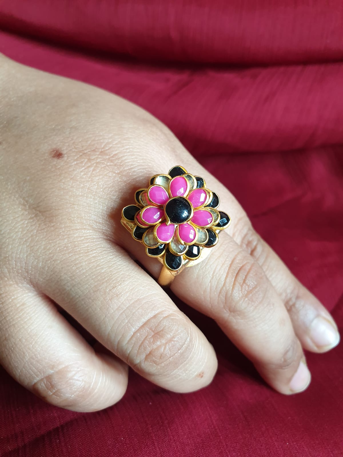 Floral Pink Black Adjustable Ring