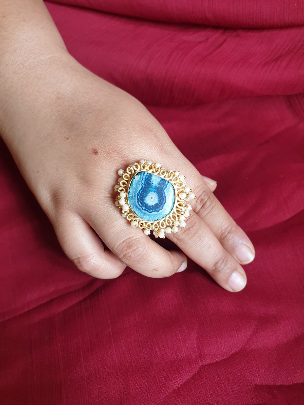 White-Blue Stone Pearl Adjustable Ring