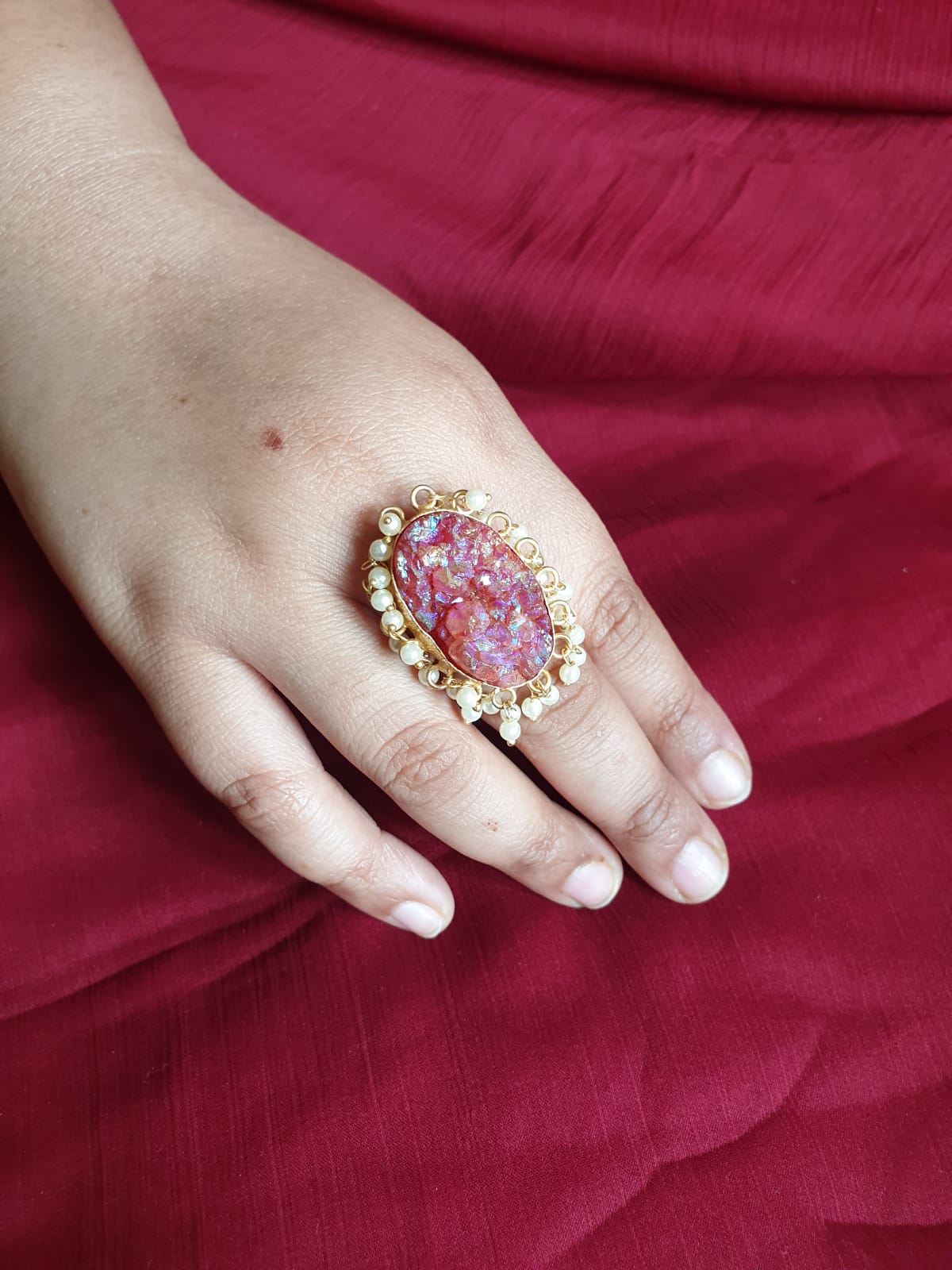 Pink Stone Rainbow Shine Stone Adjustable Ring