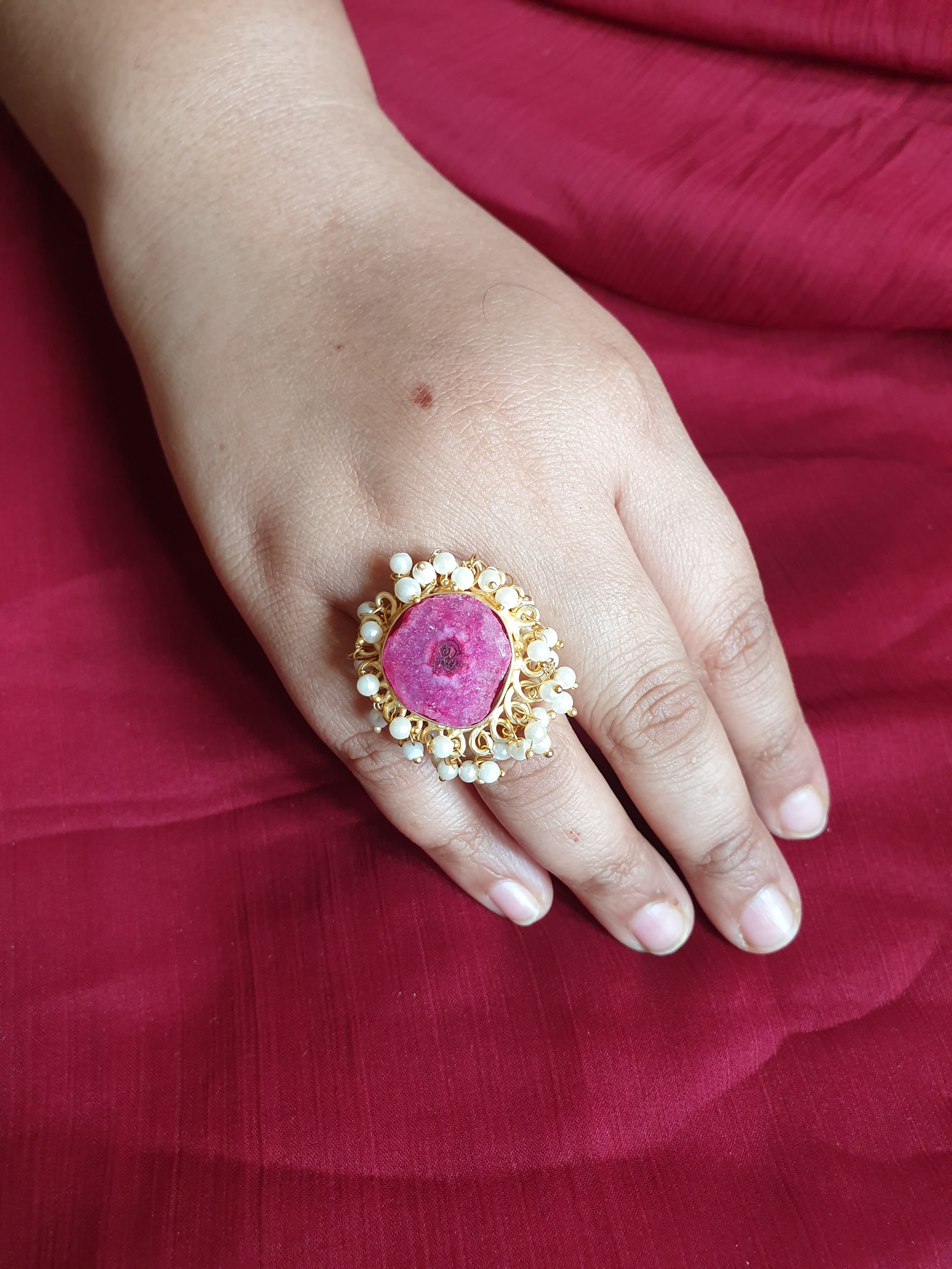 Pink Stone Pearl Adjustable Ring