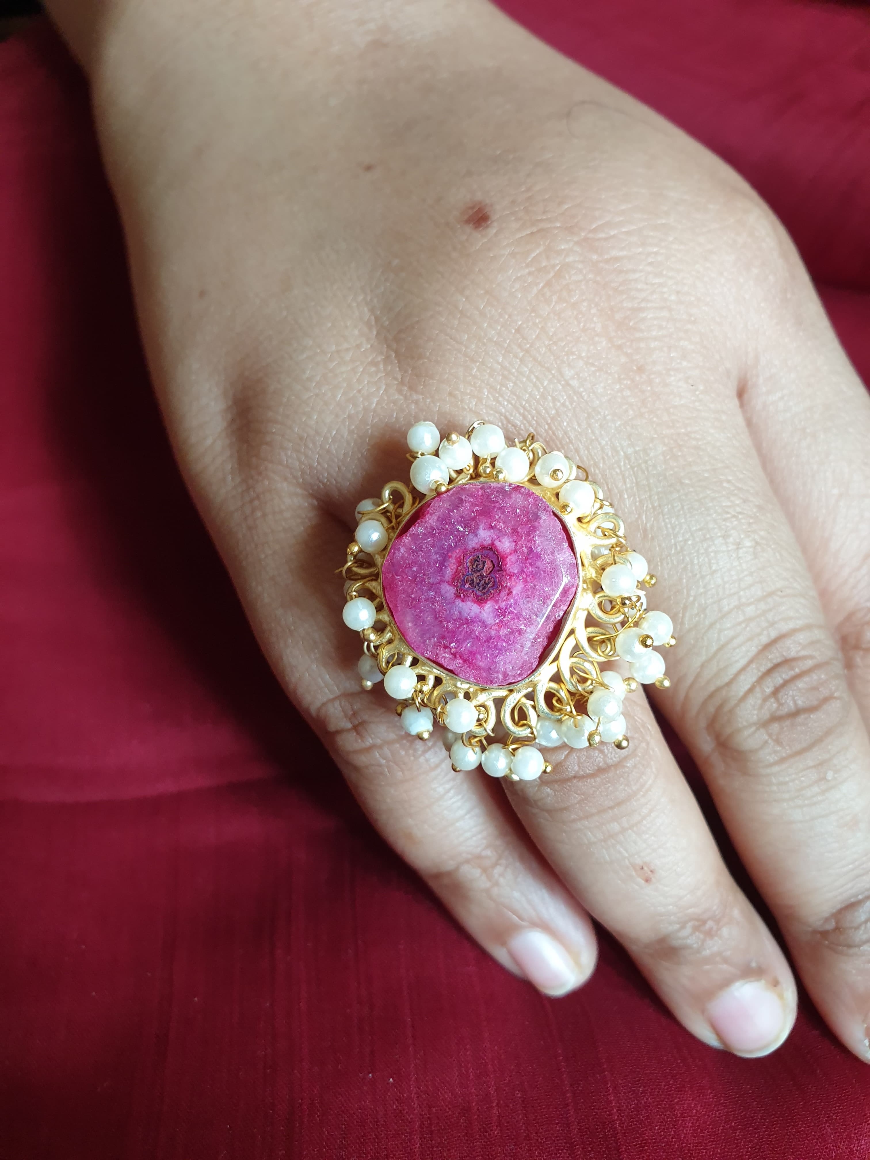 Pink Stone Pearl Adjustable Ring