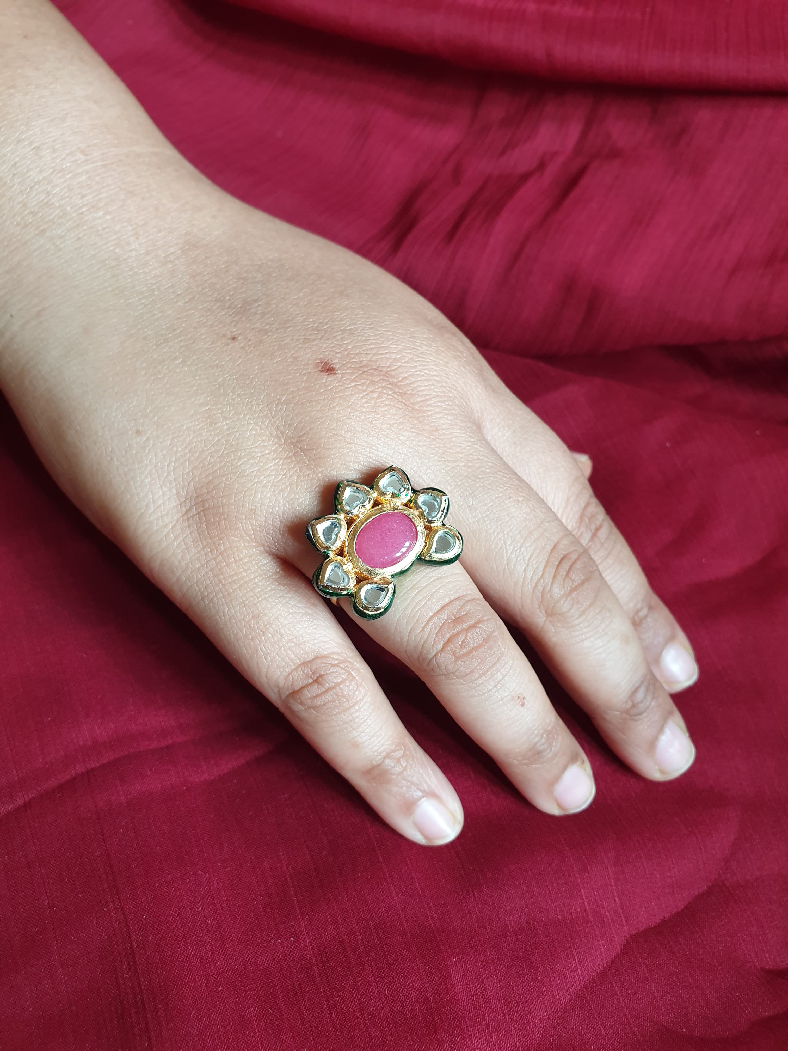 Pink Stone Kundan Adjustable Ring