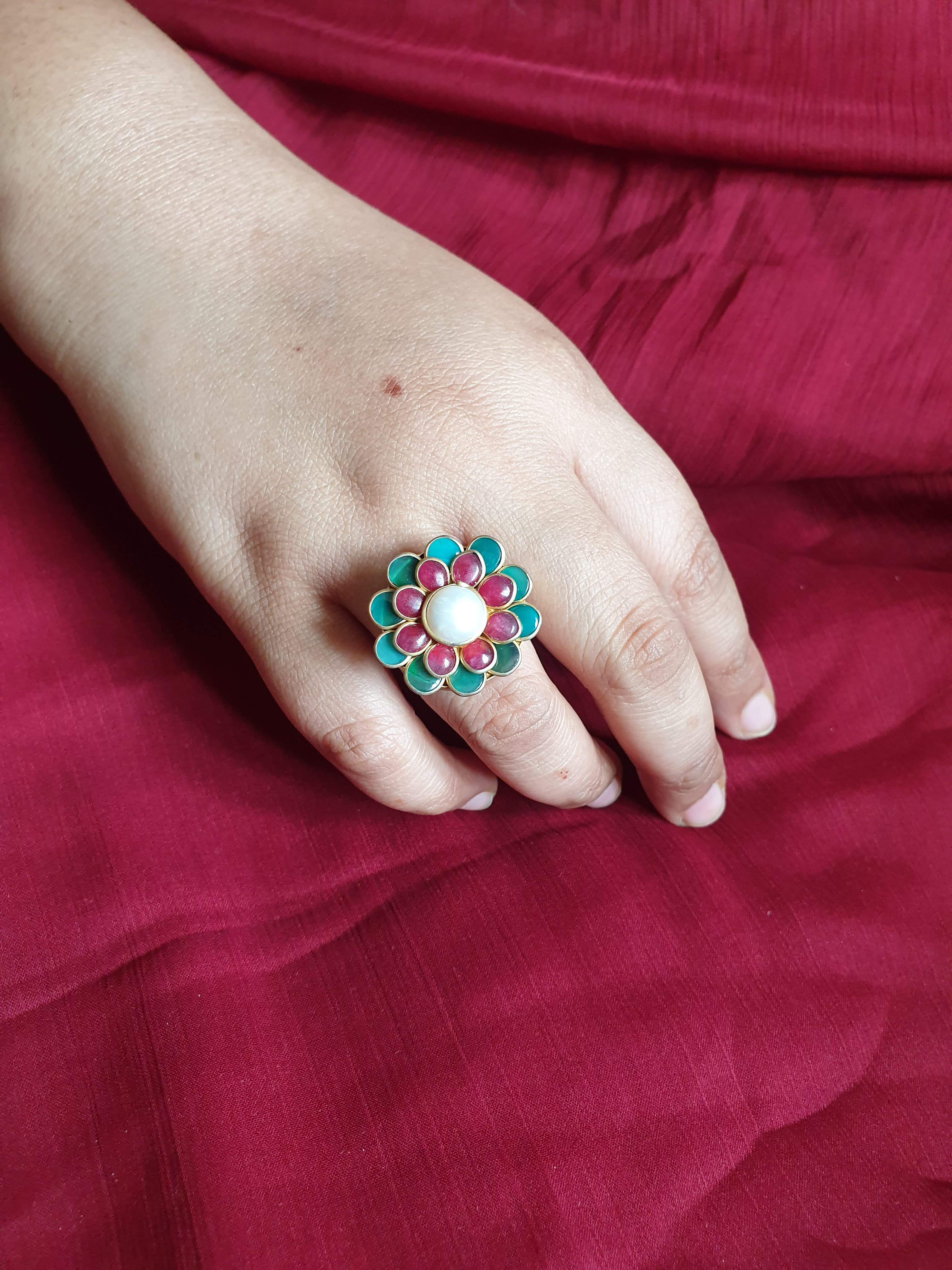 Red Green Floral Adjustable Ring