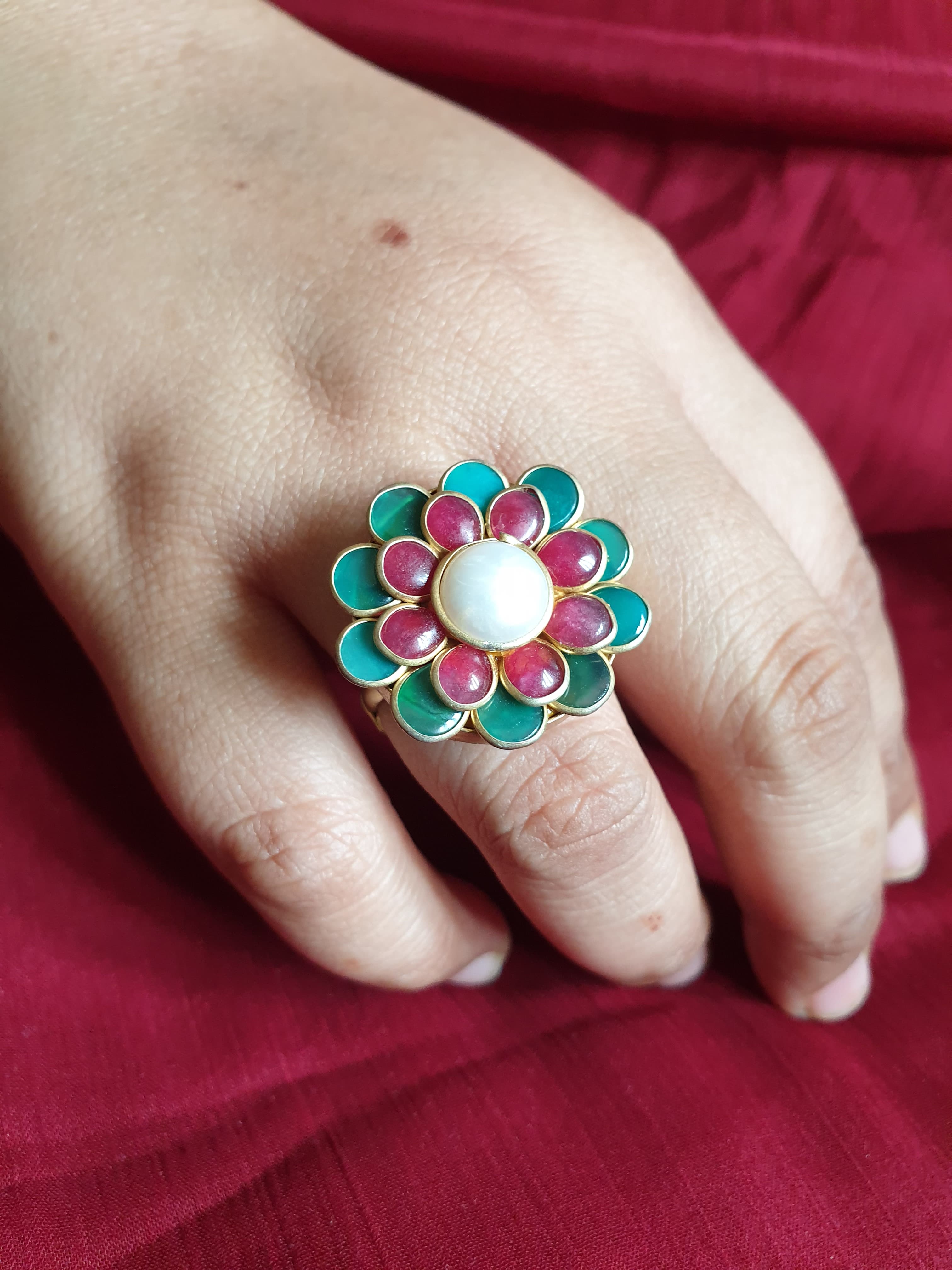 Red Green Floral Adjustable Ring