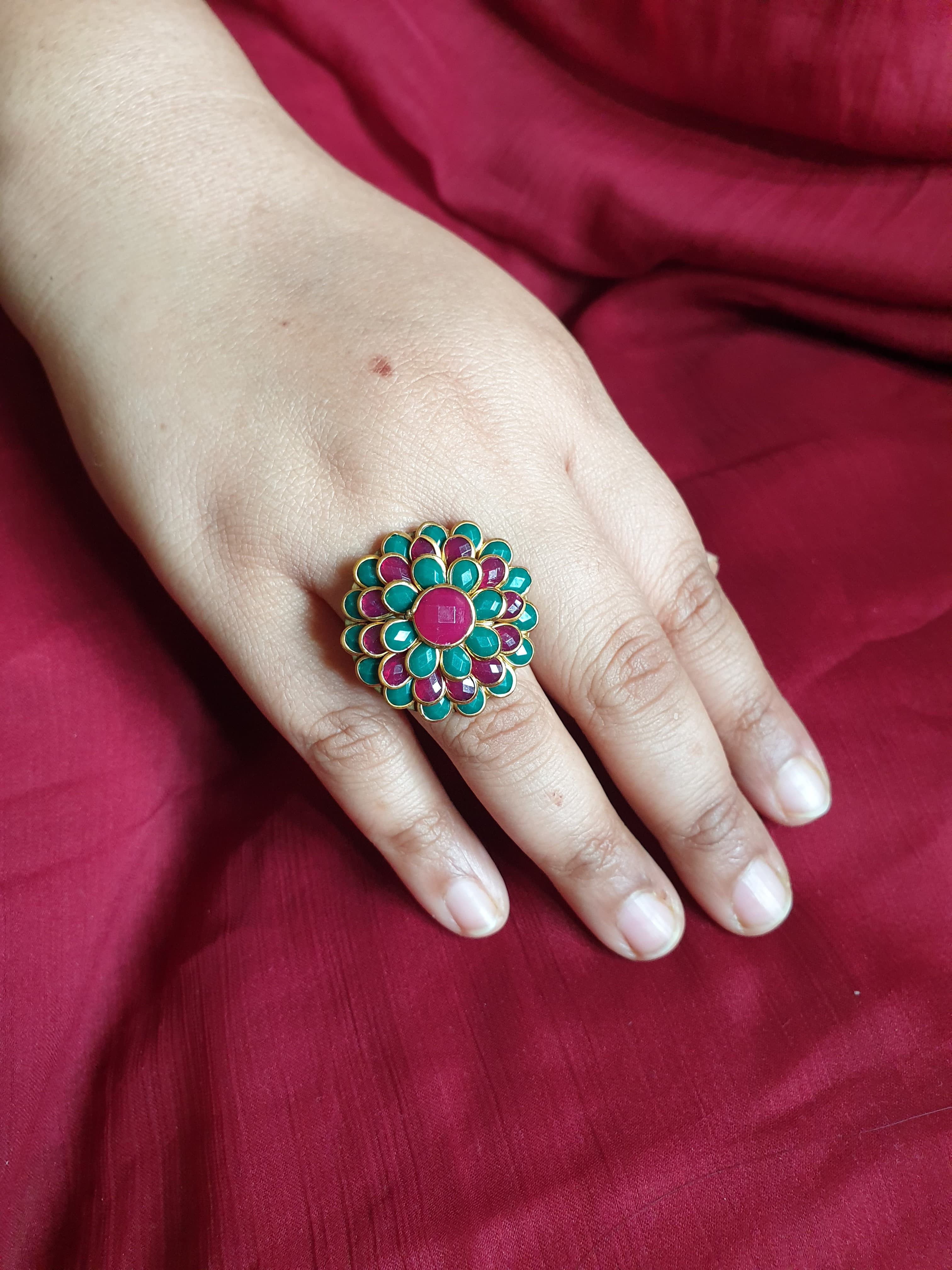 Floral Big Stone Adjustable Ring