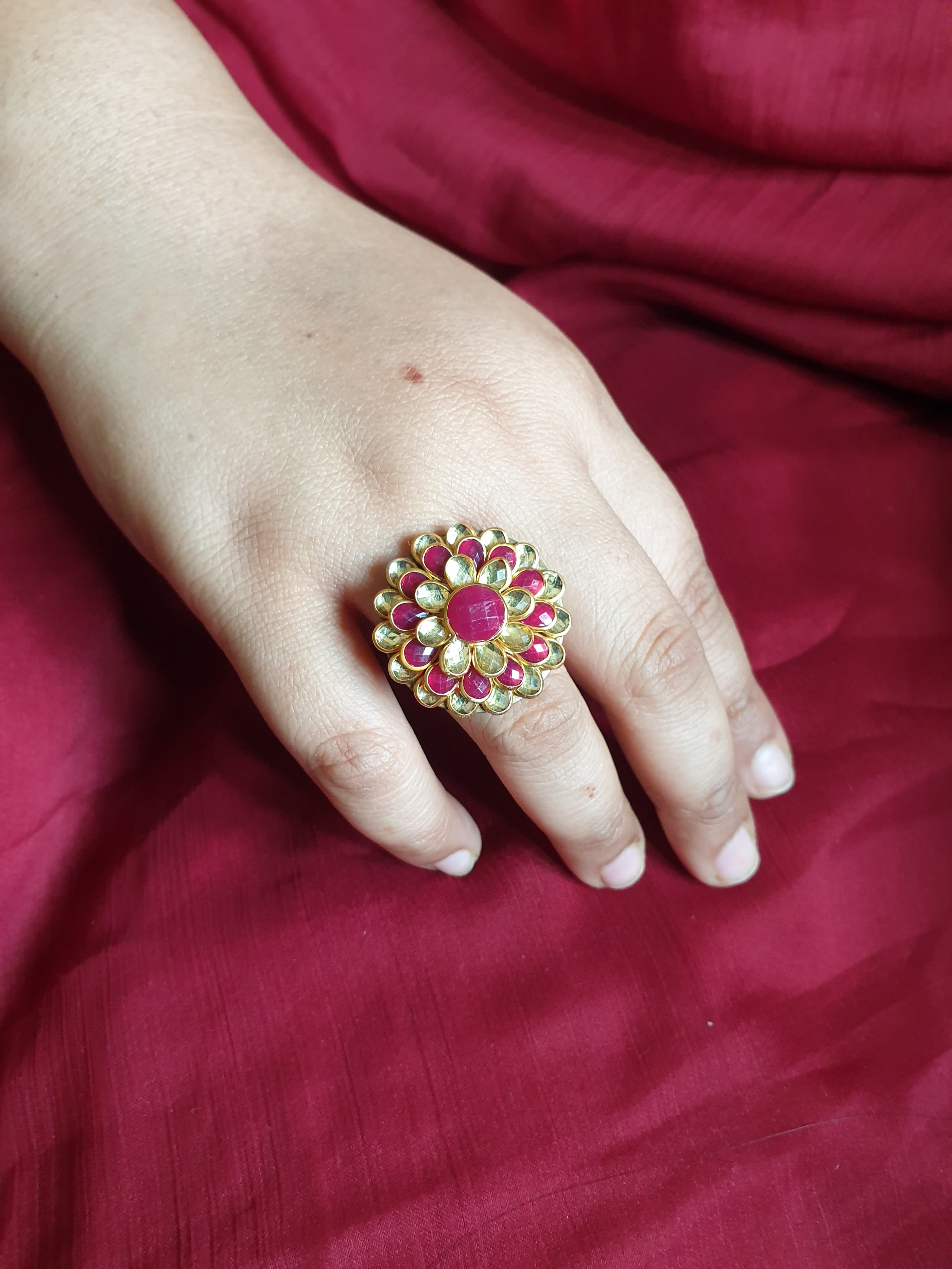 Floral Red White Stone Adjustable Ring