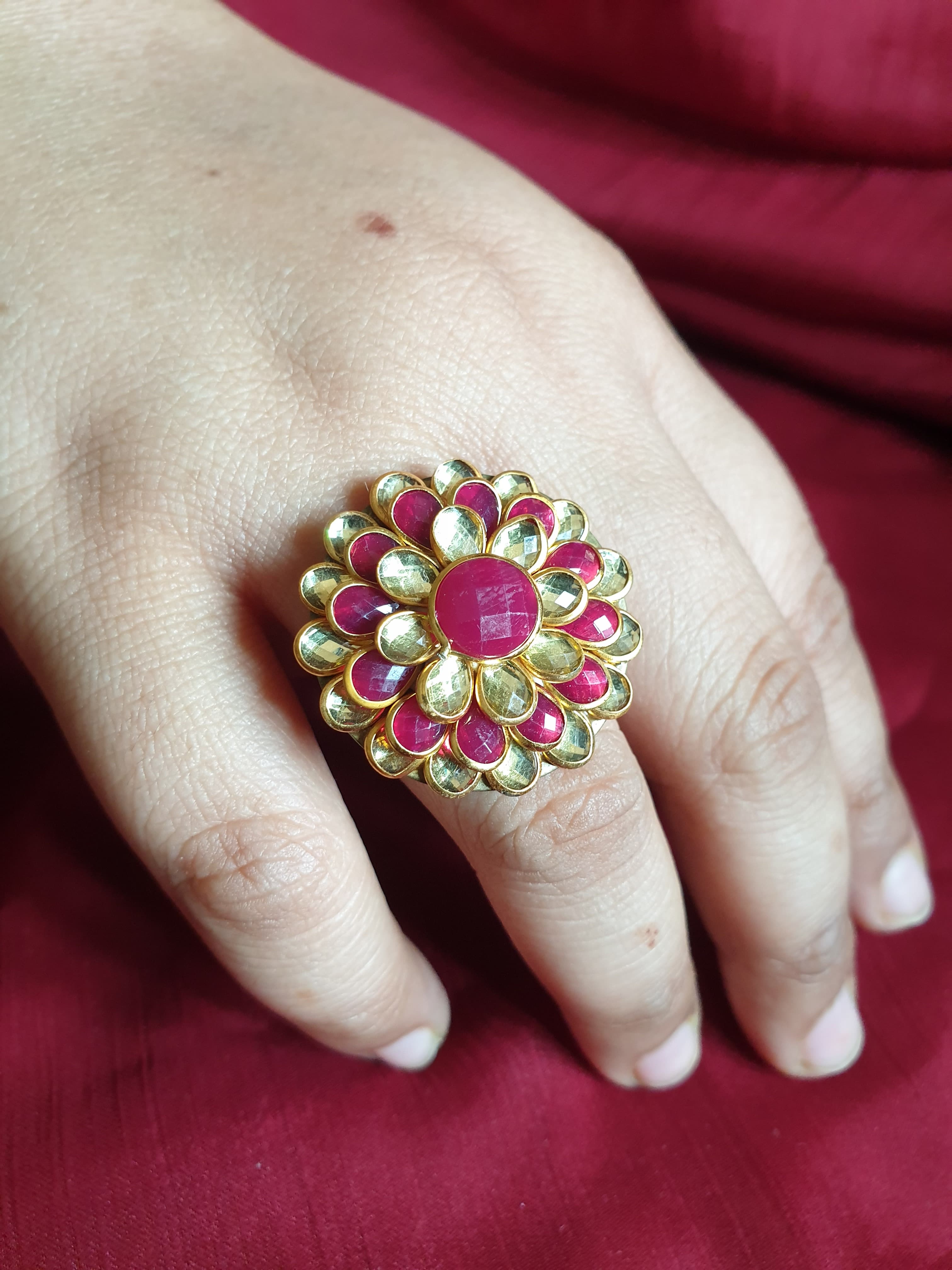 Floral Red White Stone Adjustable Ring