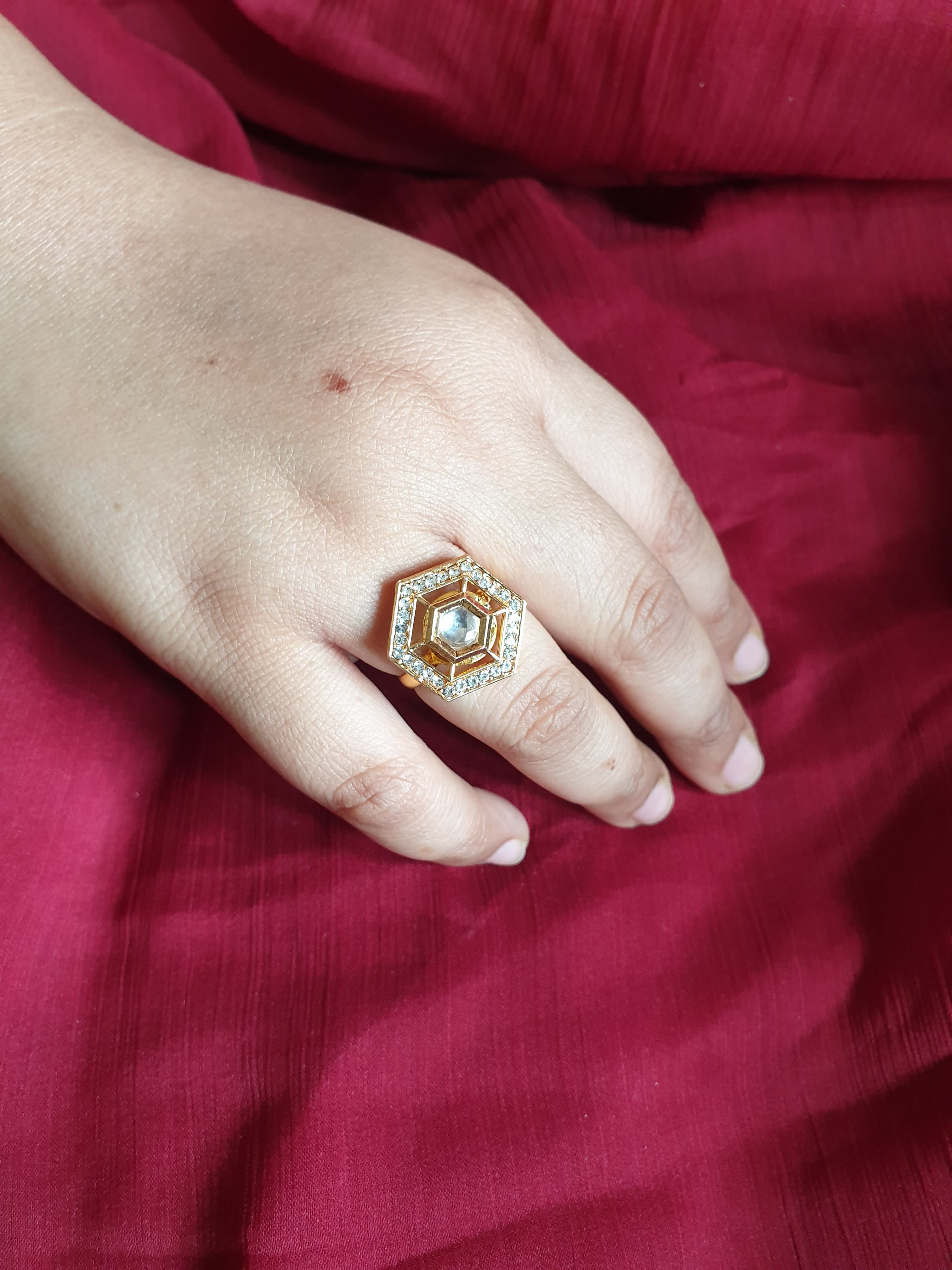 Hexagon Kundan Gold Tone Adjustable Ring