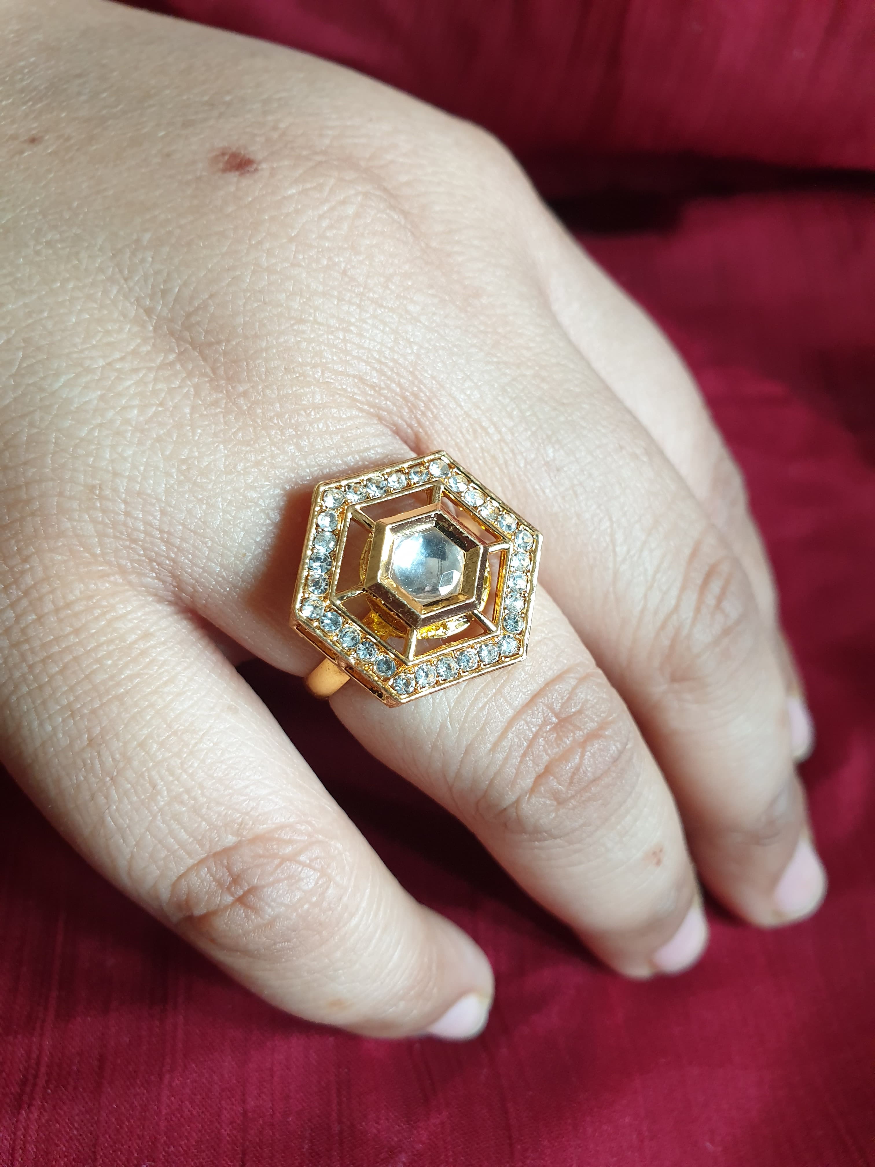 Hexagon Kundan Gold Tone Adjustable Ring