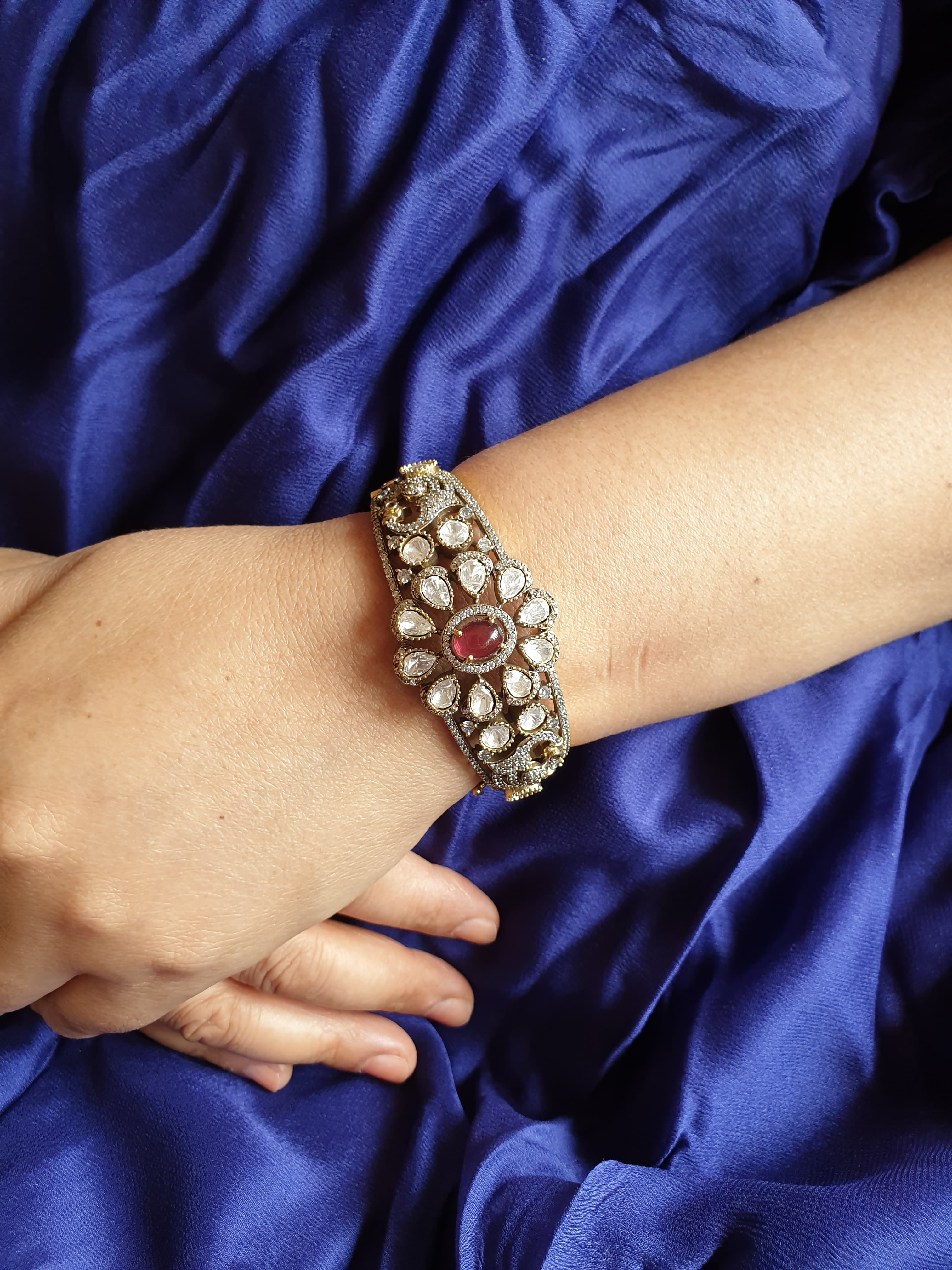 Ruby Red Kundan Polki Floral Openable Kada