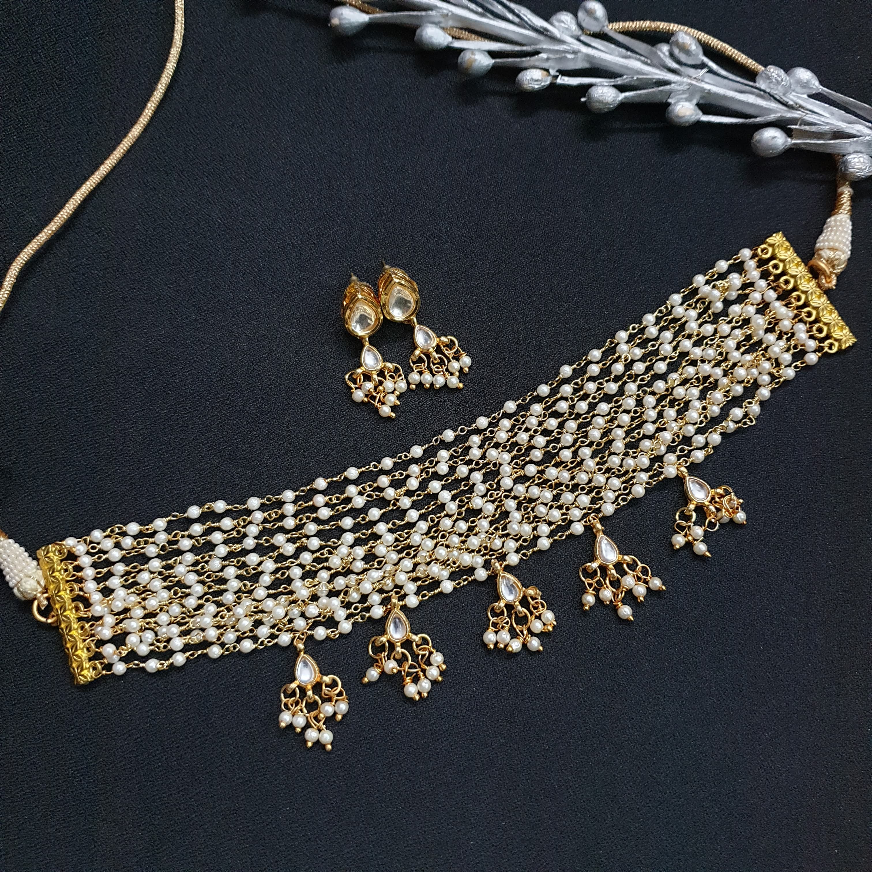 Pearl Beaded Kundan Choker Necklace With Earrings