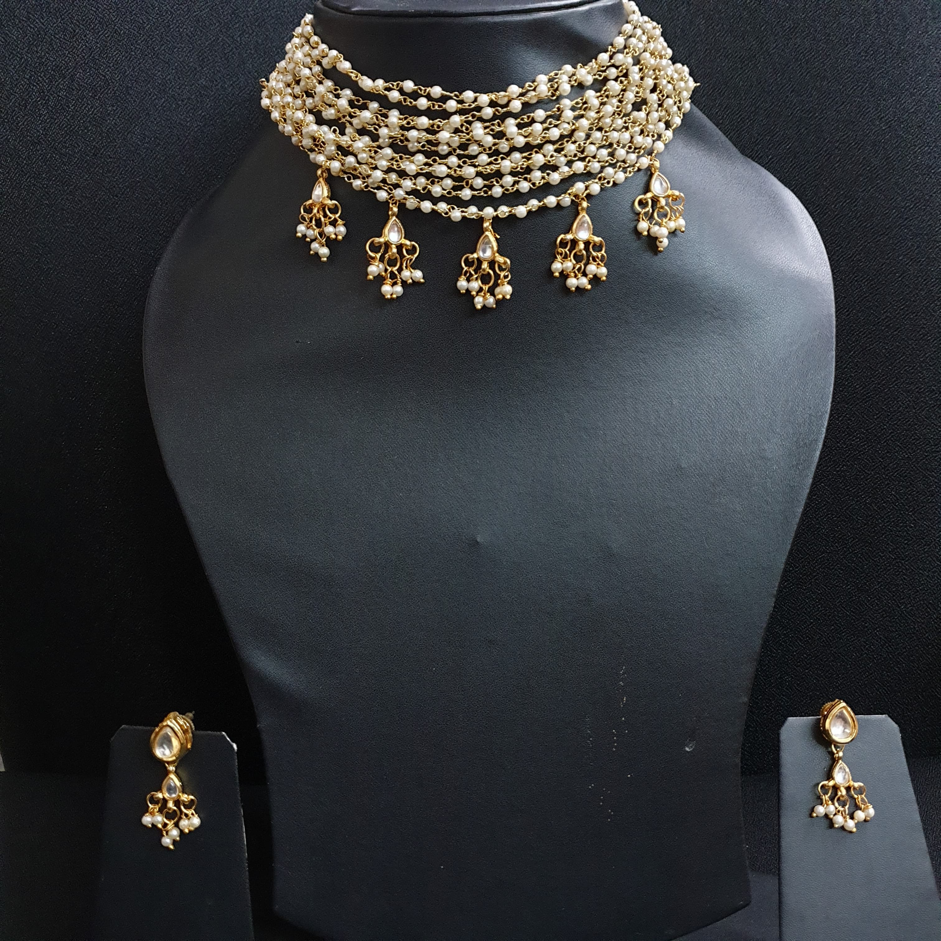 Pearl Beaded Kundan Choker Necklace With Earrings