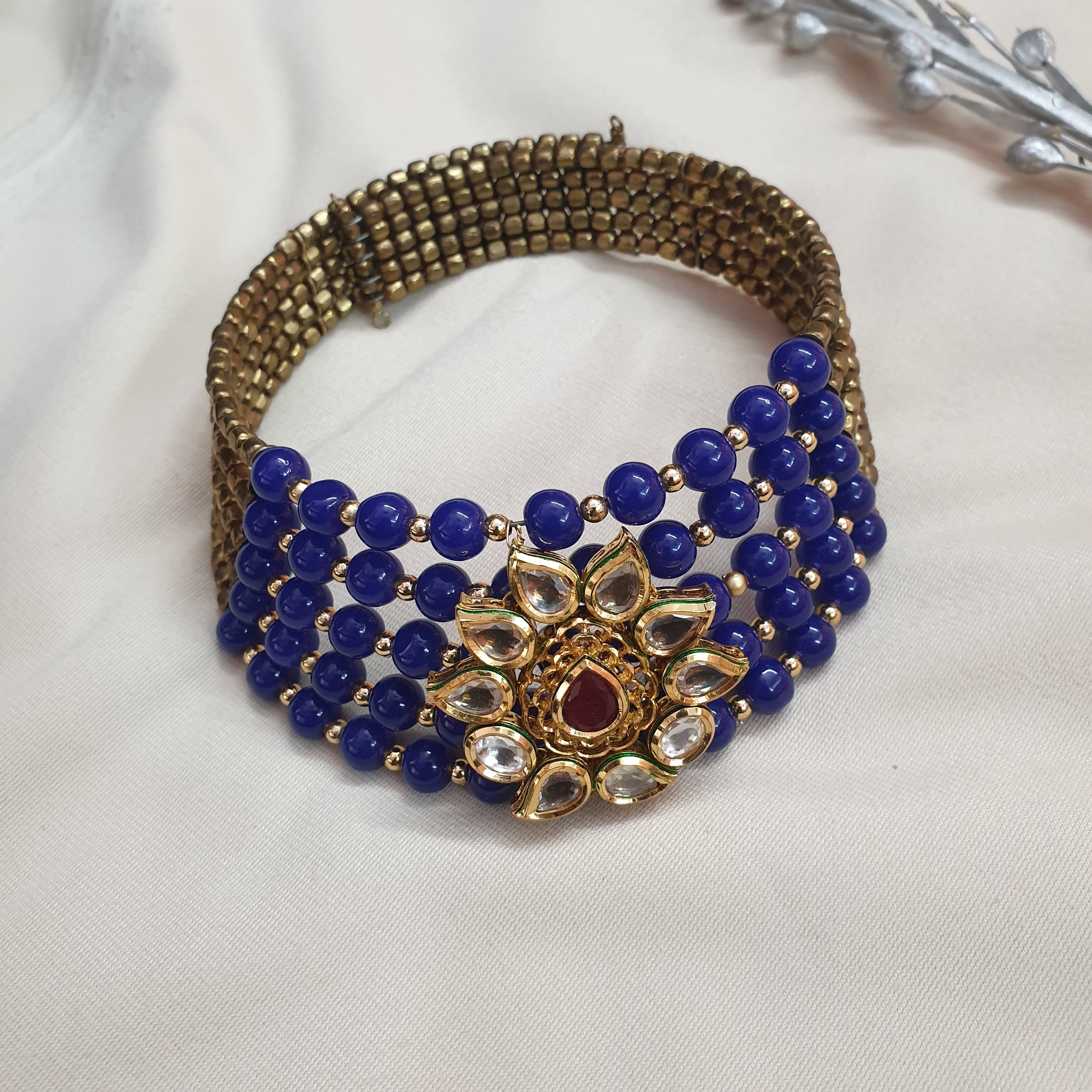 Blue Beaded Freesize Kundan Choker Necklace