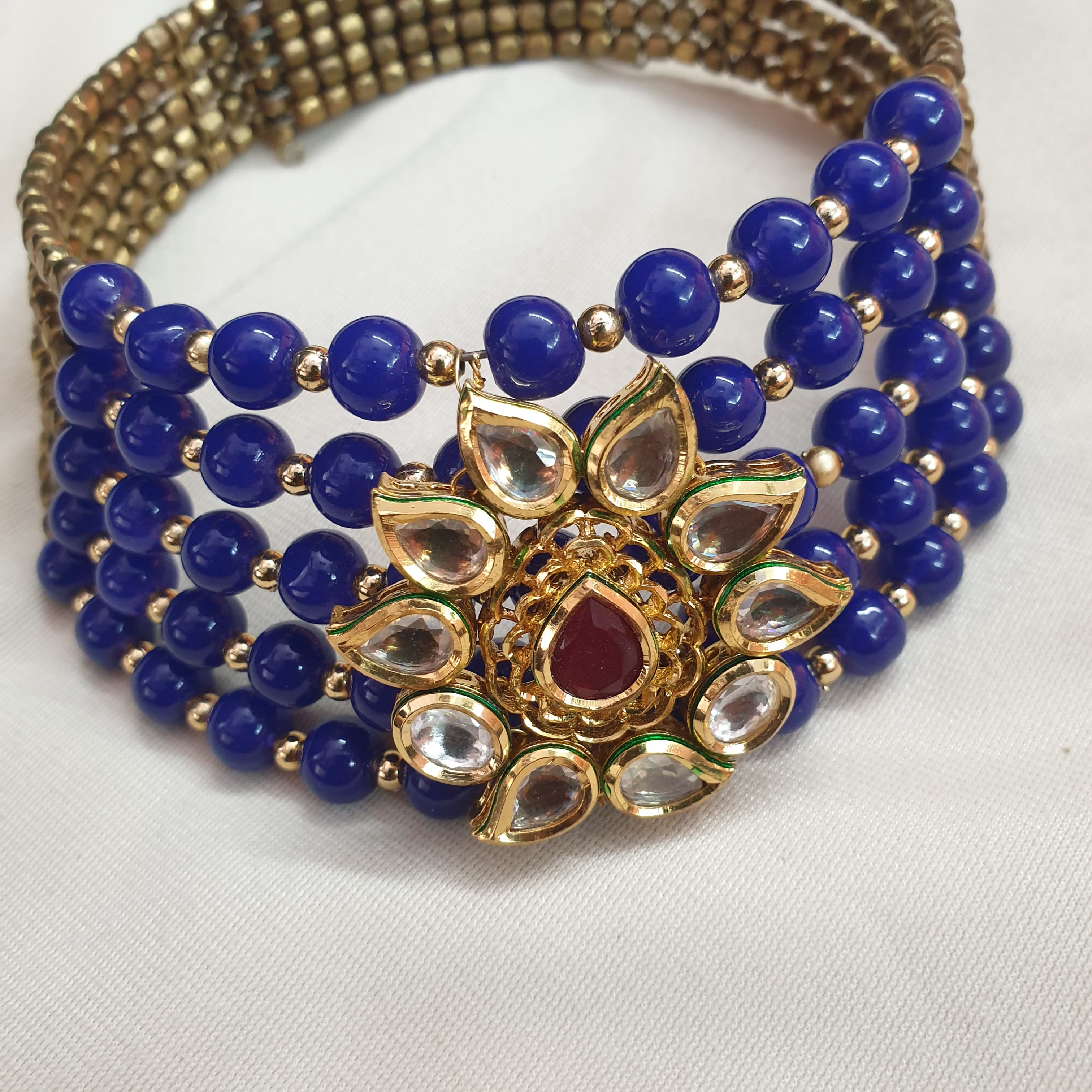 Blue Beaded Freesize Kundan Choker Necklace