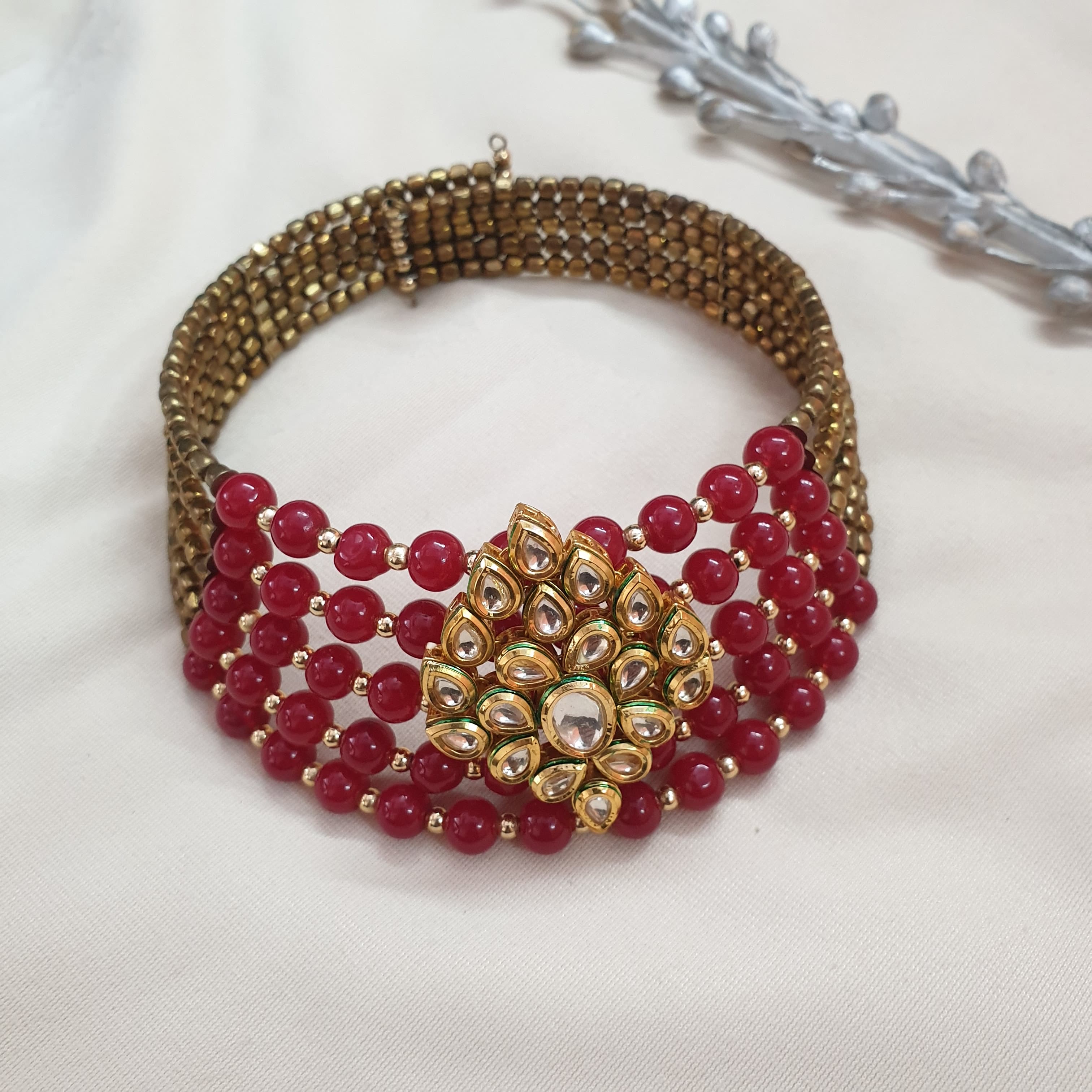 Red Beaded Freesize Kundan Choker Necklace