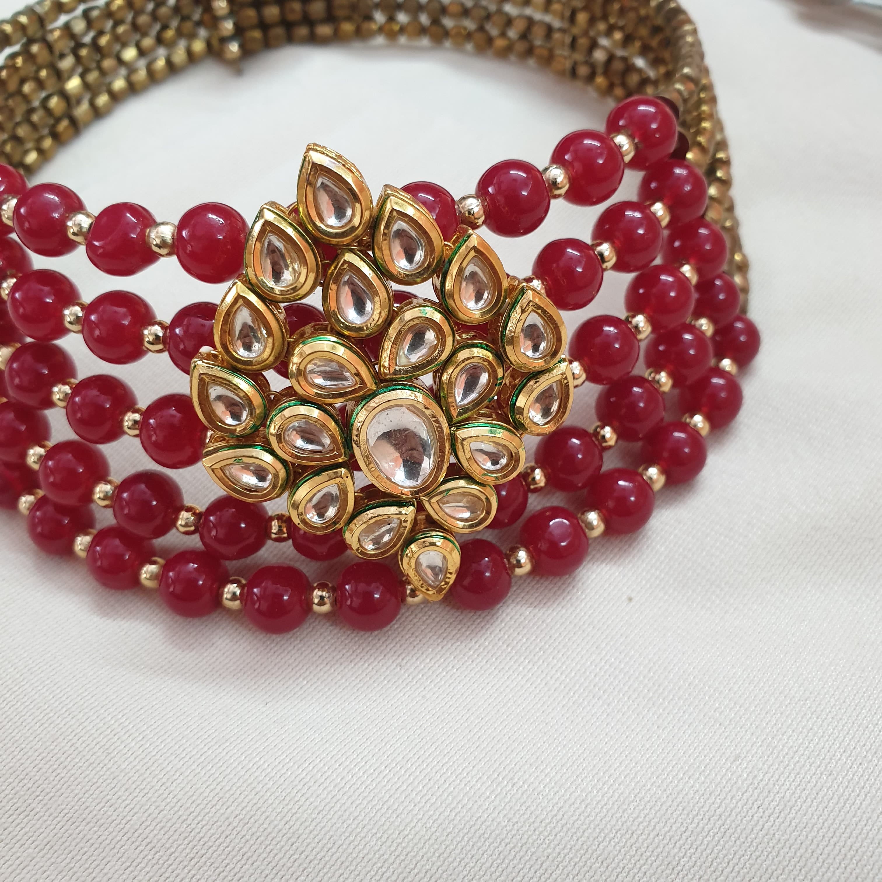 Red Beaded Freesize Kundan Choker Necklace