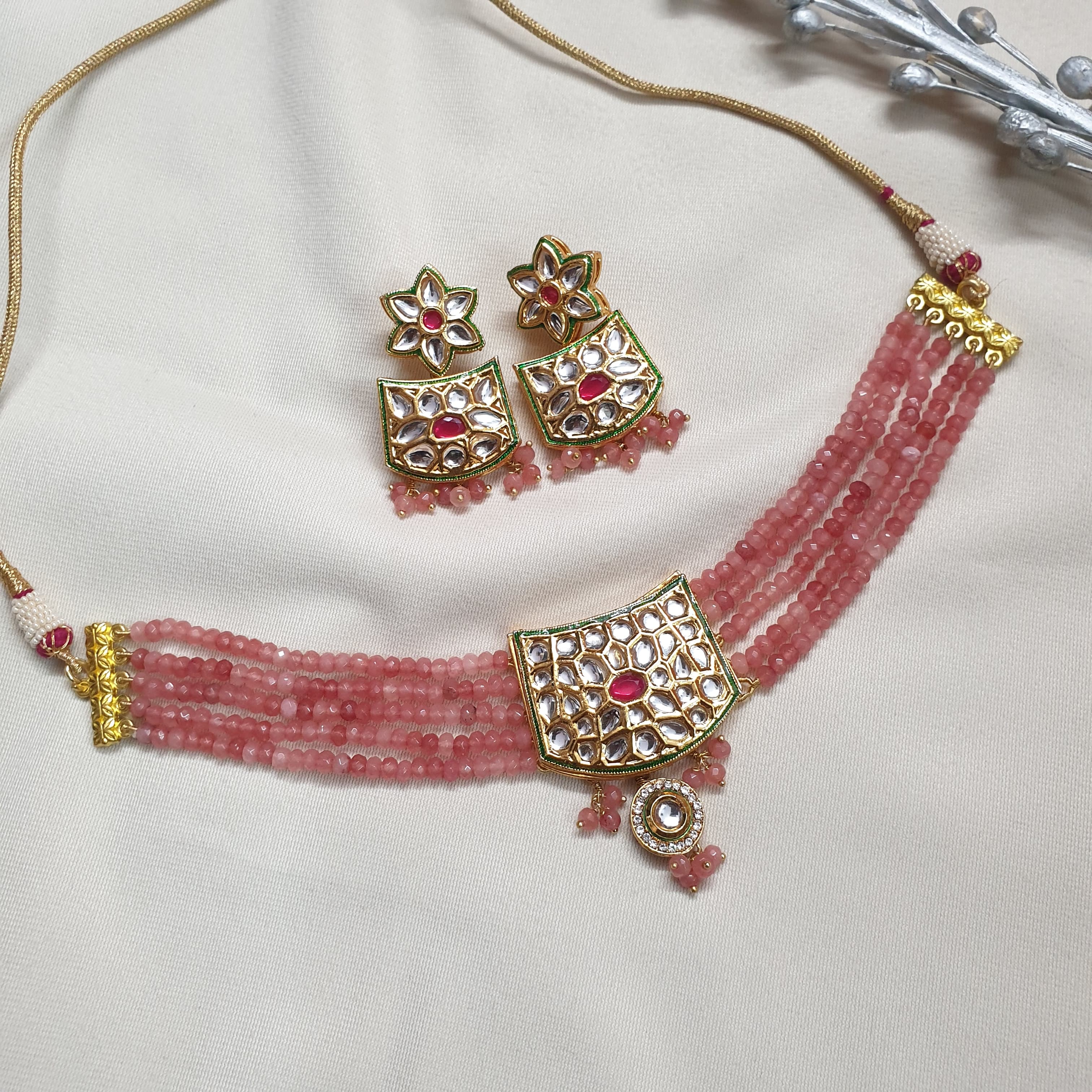 Peach Beaded Kundan Choker Necklace With Earrings