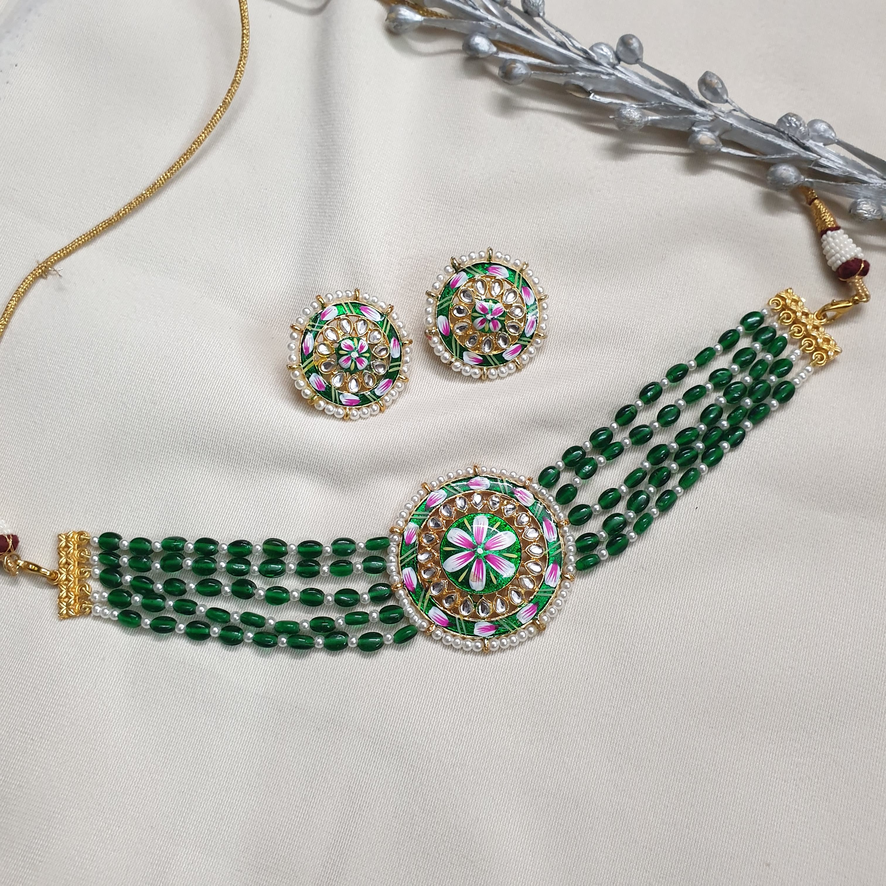 Green Beaded Kundan Choker Necklace With Earrings