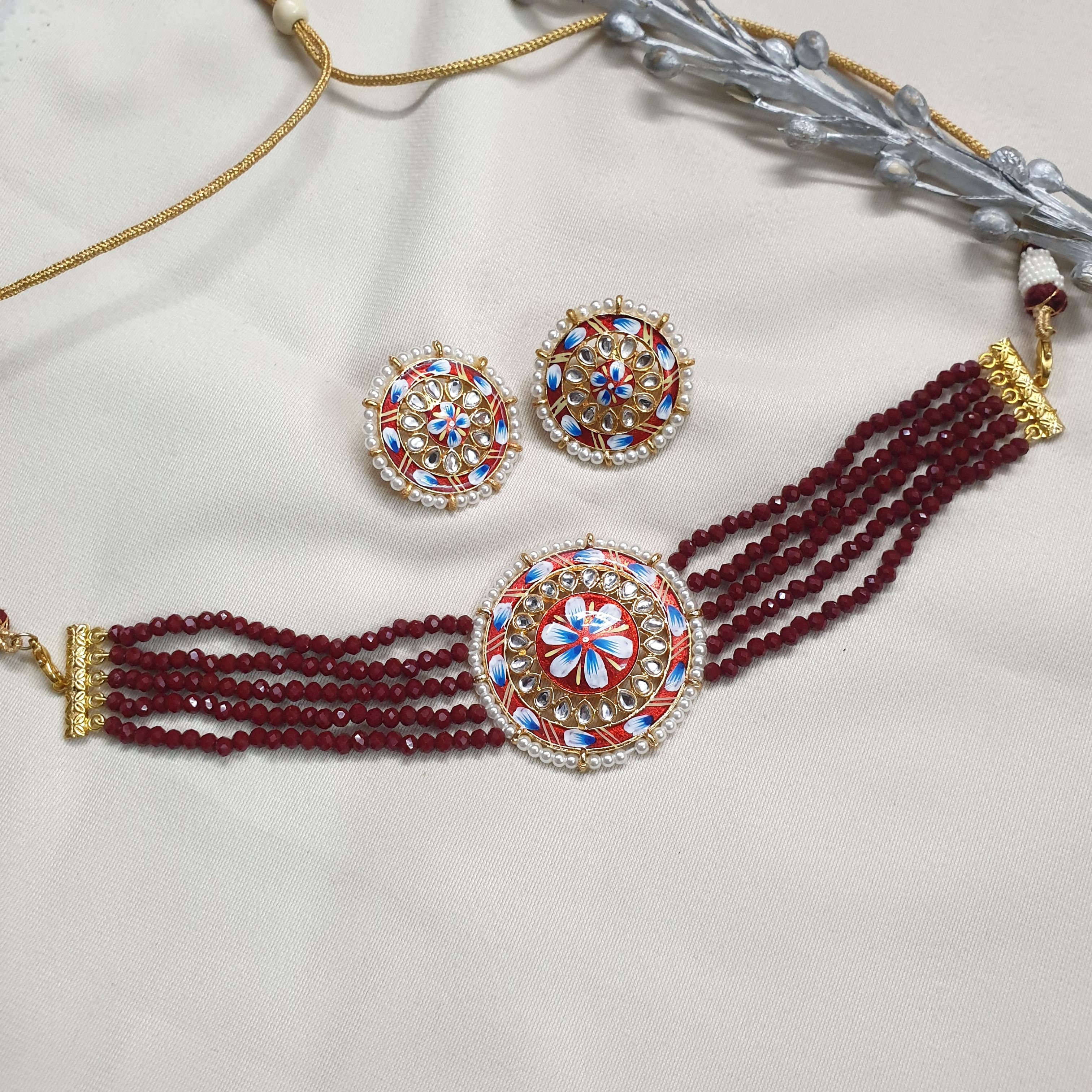 Maroon Beaded Kundan Choker Necklace With Earrings