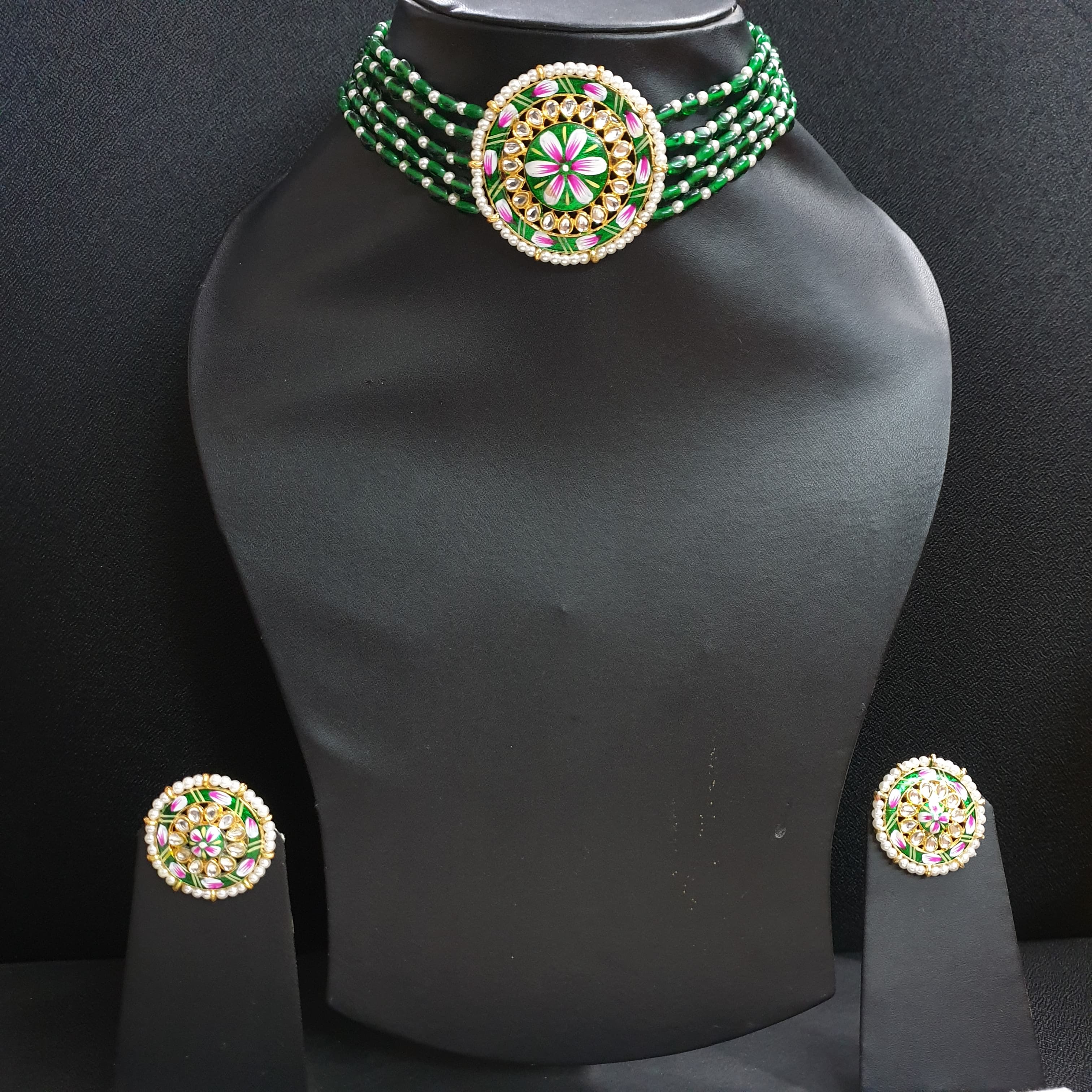 Green Beaded Kundan Choker Necklace With Earrings