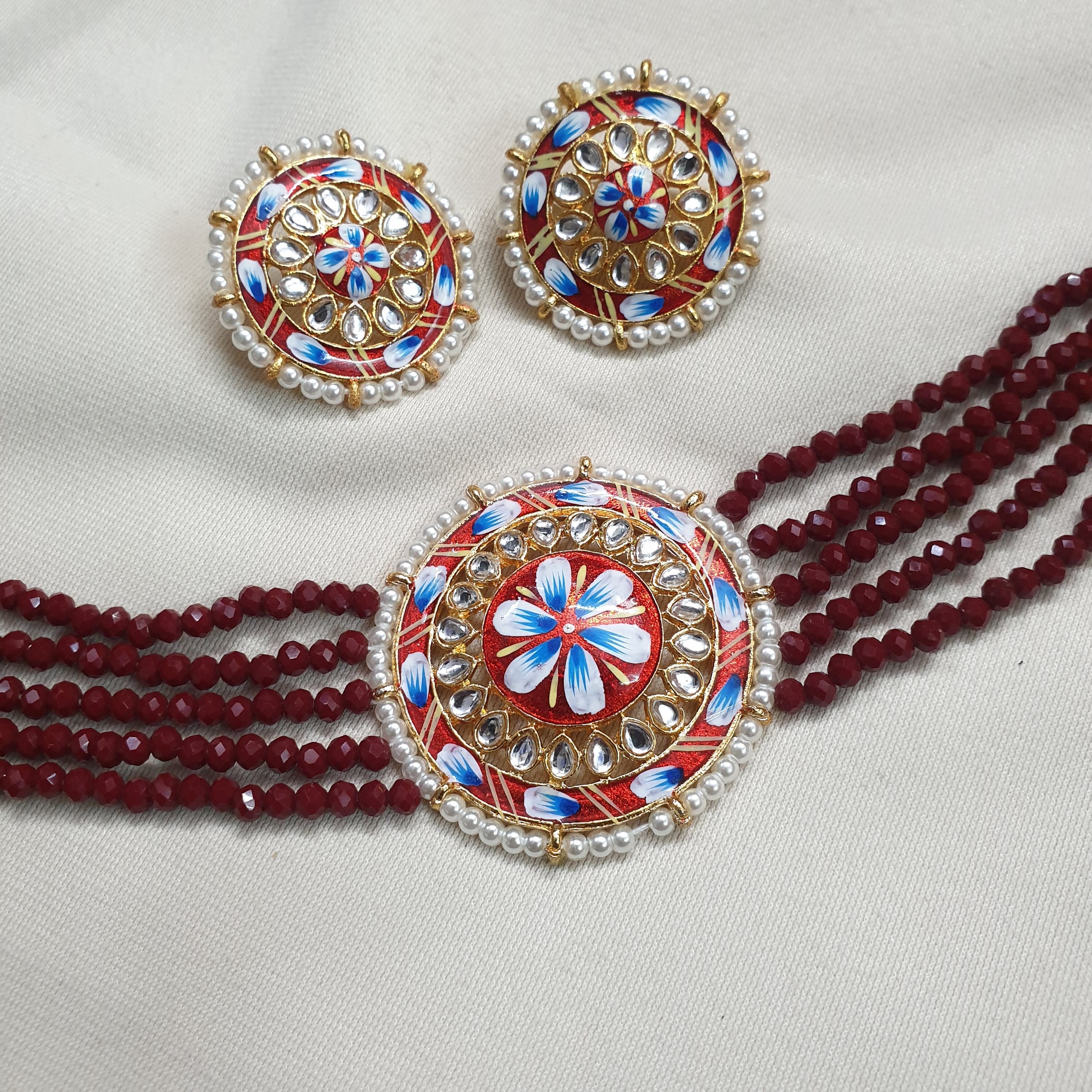 Maroon Beaded Kundan Choker Necklace With Earrings