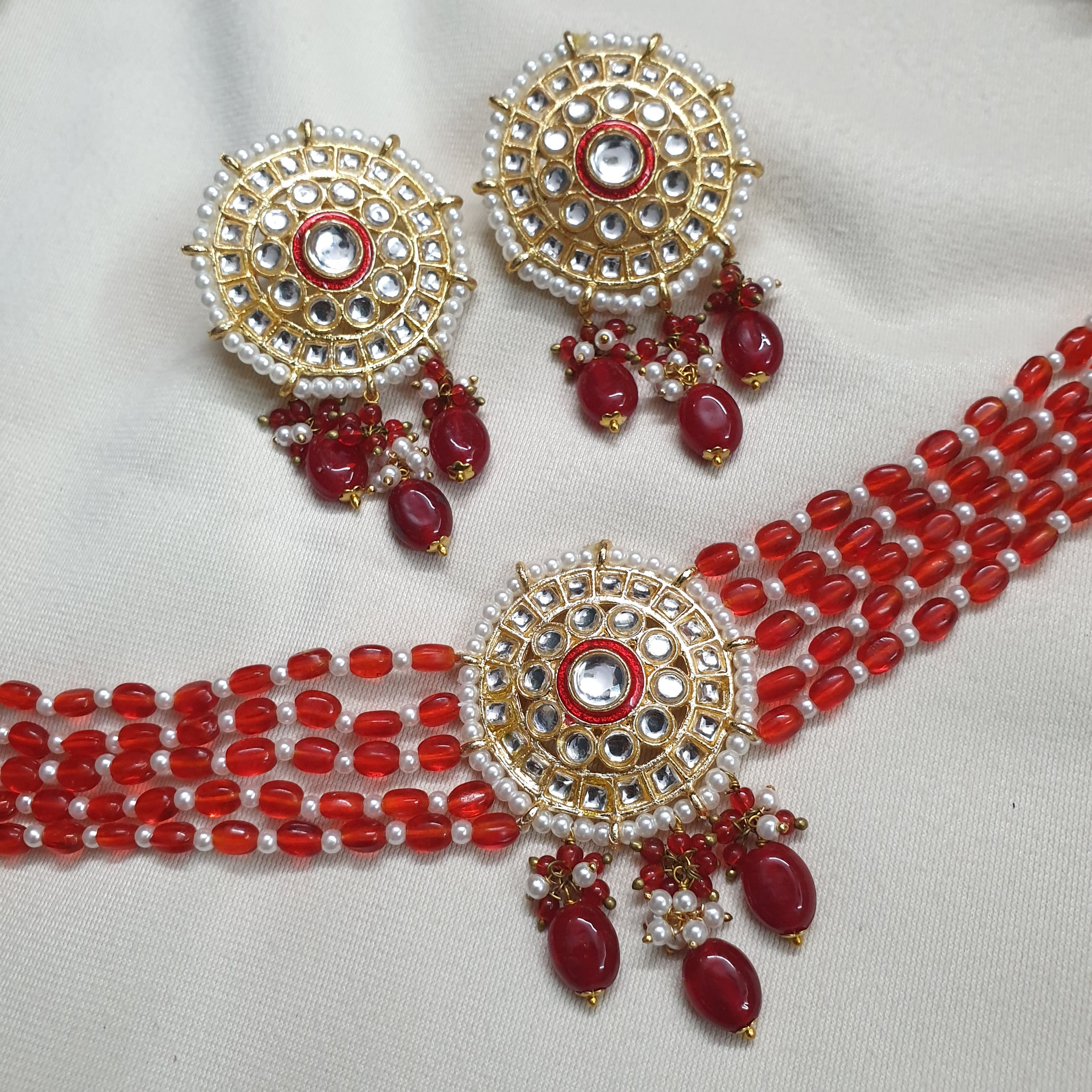 Red Beaded Kundan Choker Necklace With Earrings